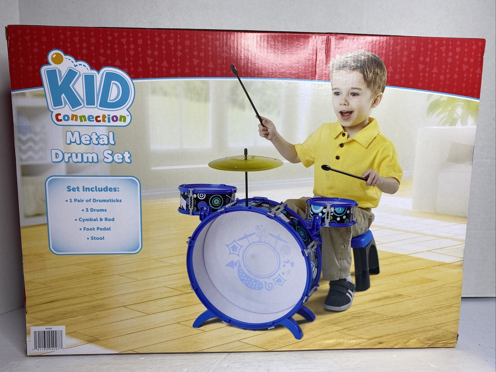 Kid Connection Meal Drum Set Sticks, 3 Drums, Cymbal, Foot Pedal & Stool FreeS&H