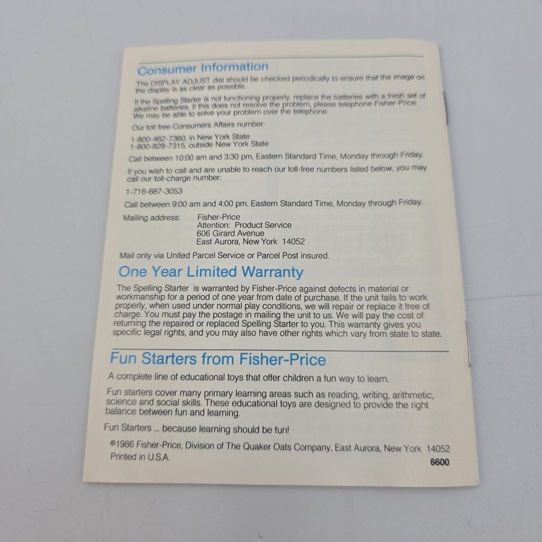 Fisher Price Electronic Spelling Starter Instructions Only Vintage 1987