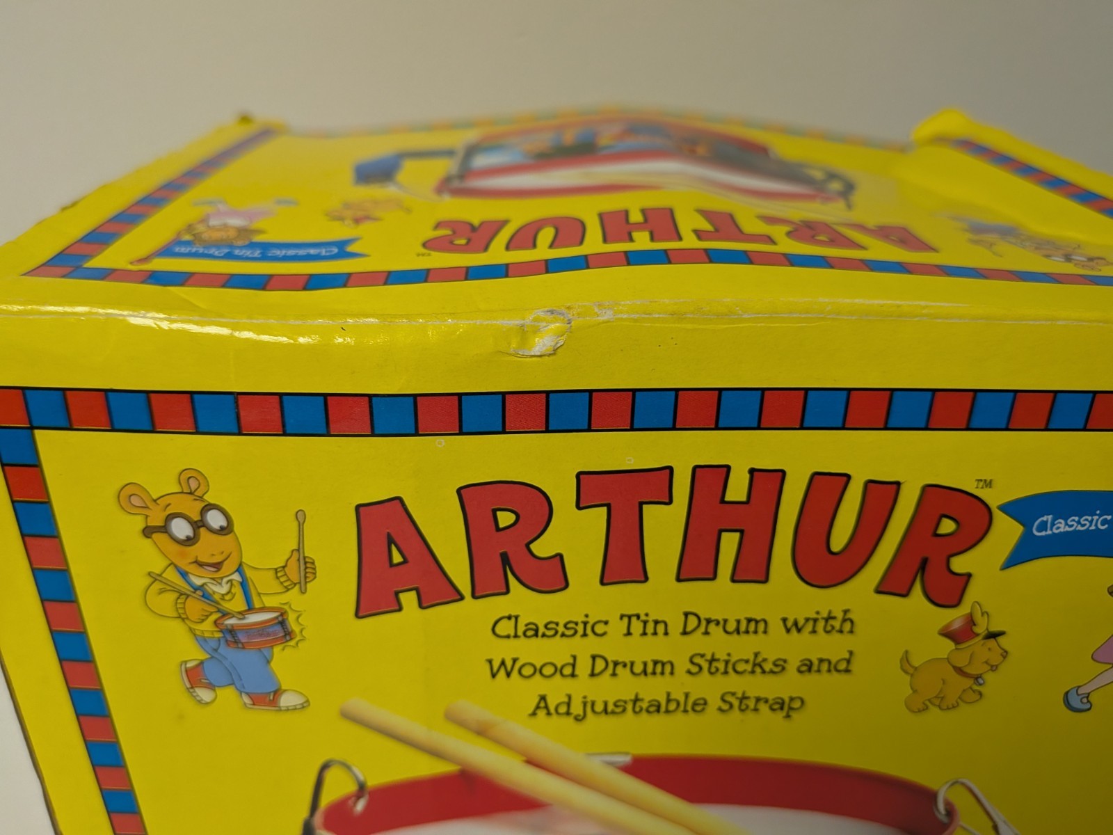 Vintage ARTHUR Schylling Tin Drum Toy w/ Drumsticks Adjustable Strap 1998 PBS