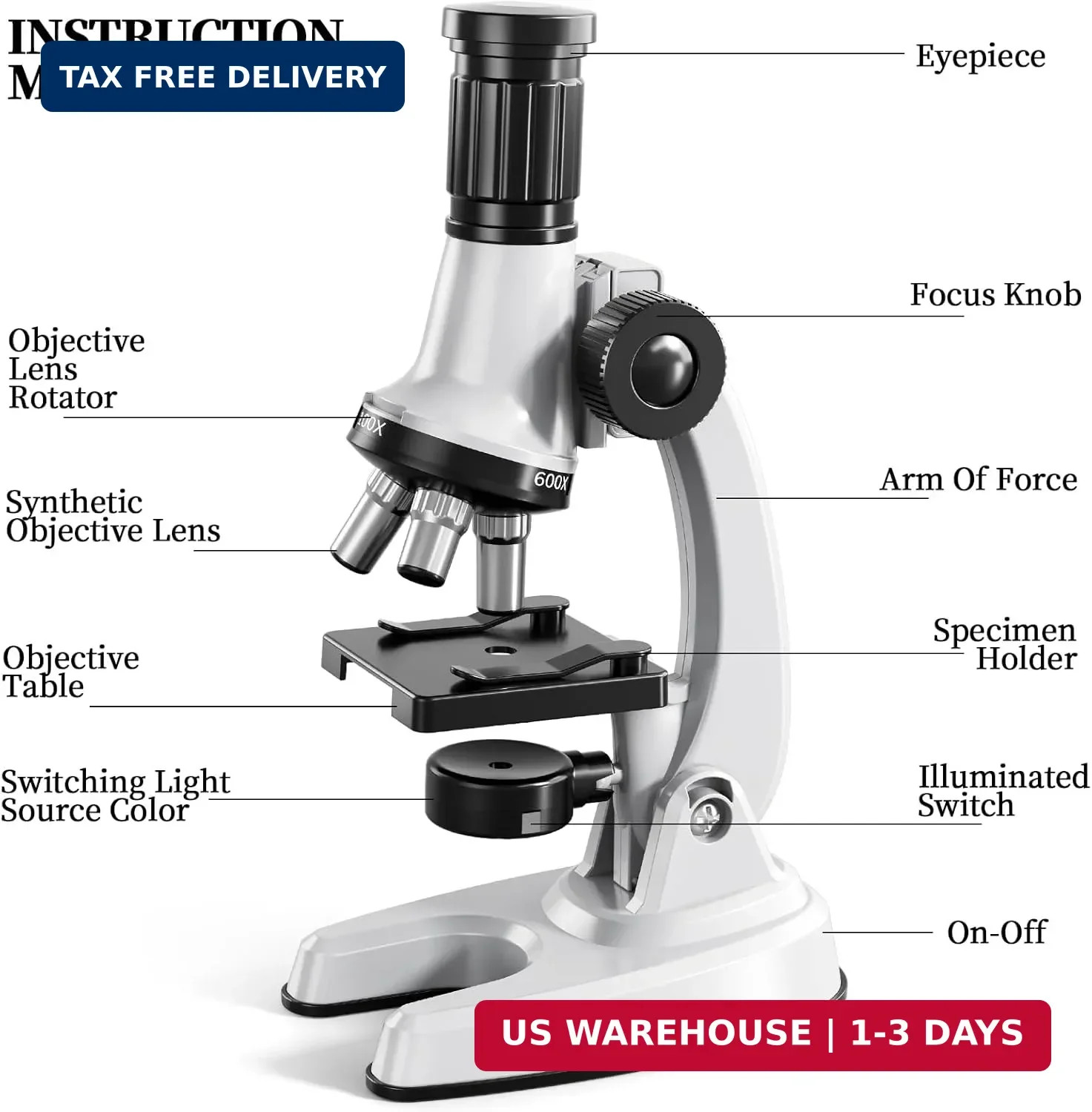 65 Pieces Microscope Kit for Kids Ages 5-7 8-13, 100X-1200X Magnification with 7