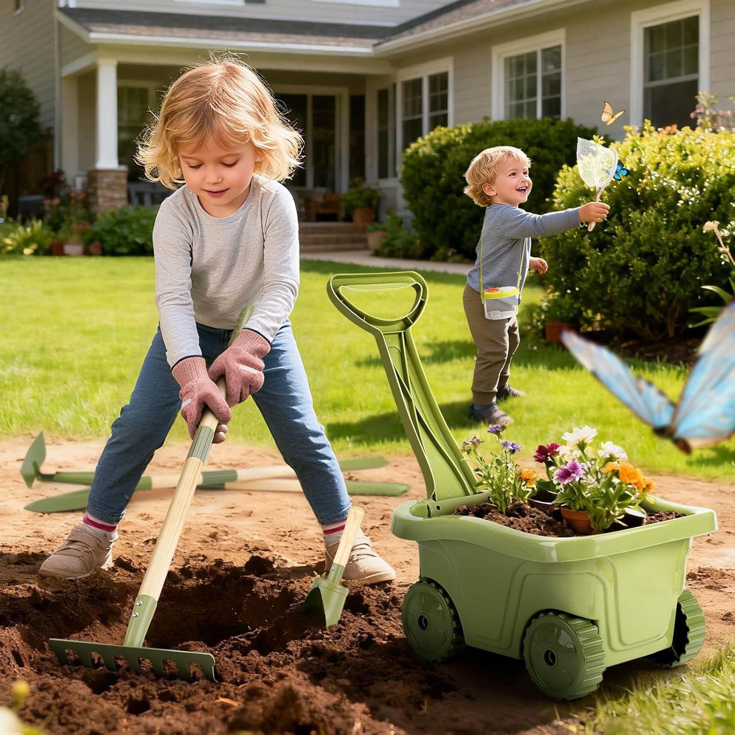 Green 2 In 1 Kids Gardening Tools Bug Catcher Kit with Wheelbarrow Bug House