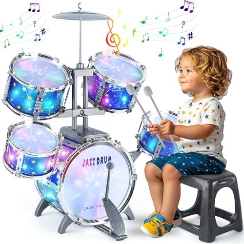 Upgraded Kids Drum Set – Light Up Musical Toy for Toddlers 1-7, Jazz Drums for B
