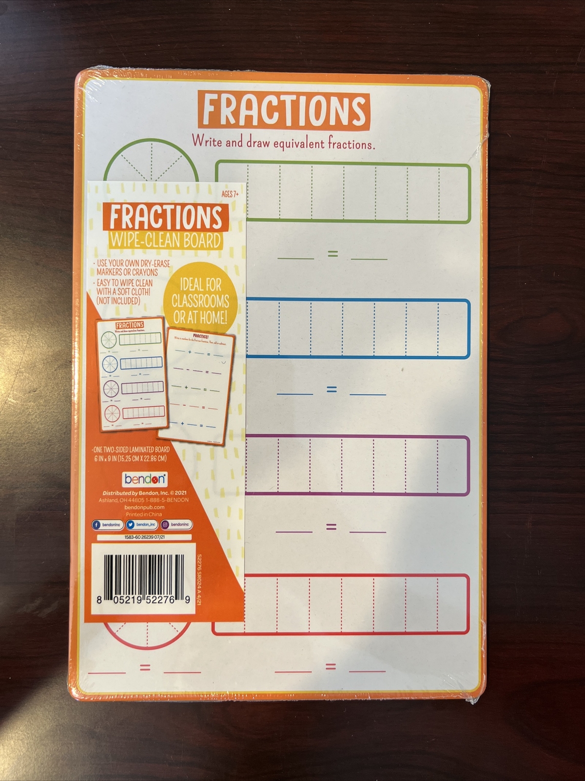 Bendon fractions dry erase board, Wipe Clean, 6in.x 9inch. Double Sided- NEW