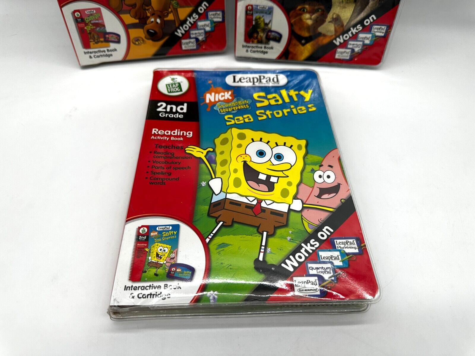 Lot 3 NEW Leap Frog Interactive Book & Cartridge SpongeBob, Scooby-Doo, Shrek 2