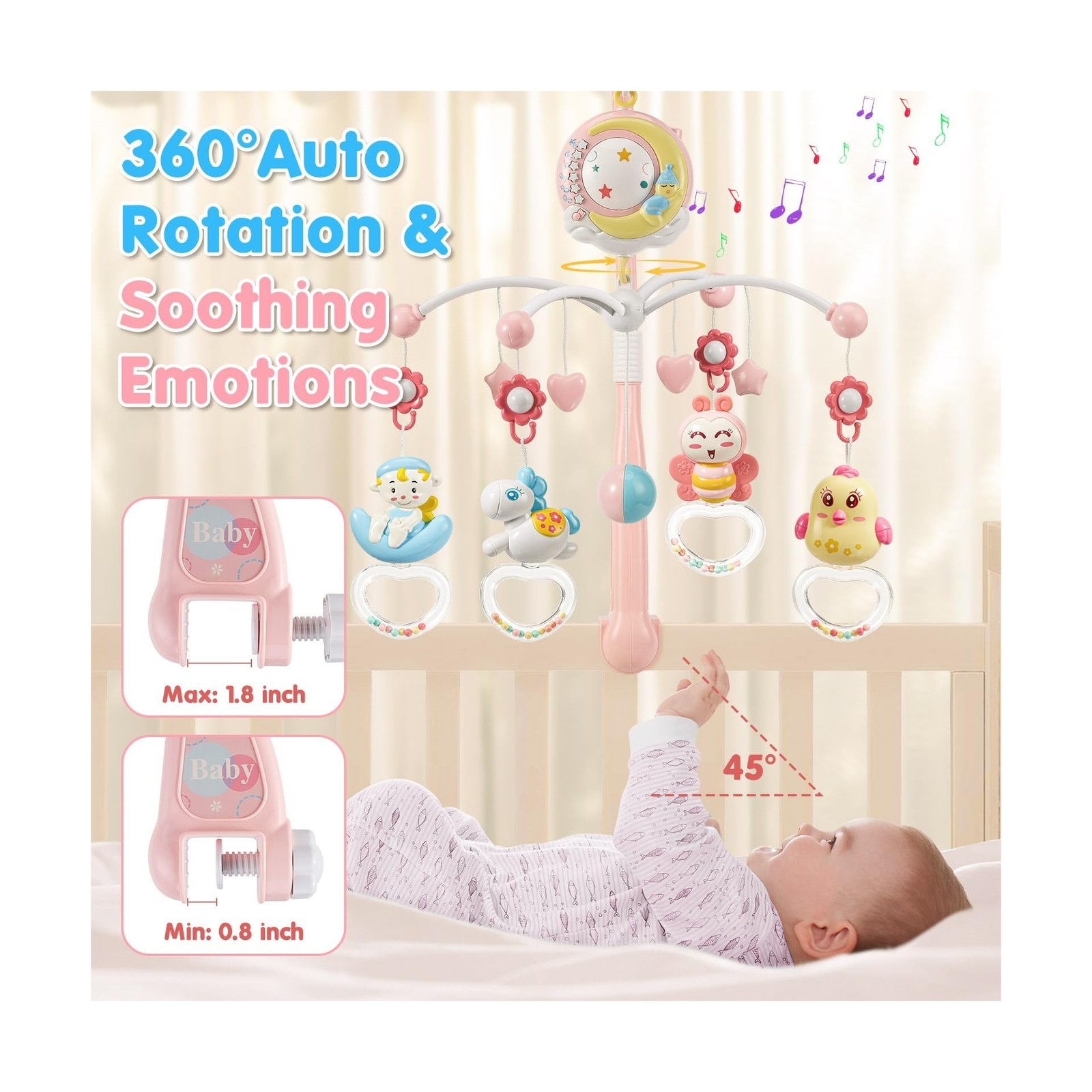 BOBXIN Baby Musical Crib Mobile for Bassinet with Projector and Night Light,1…