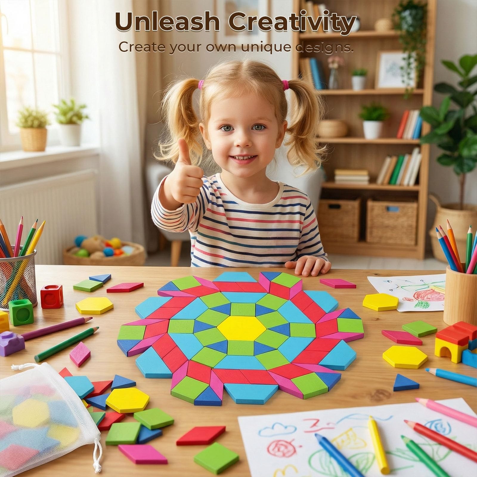 Wooden Pattern Blocks Geometric Shapes Tangram Puzzle Kids Montessori Toy