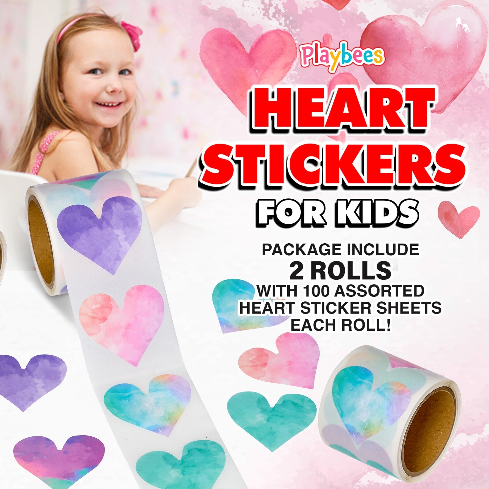 Watercolor Heart Stickers for Kids – 200 Pack of Rainbow Heart Themed Designs