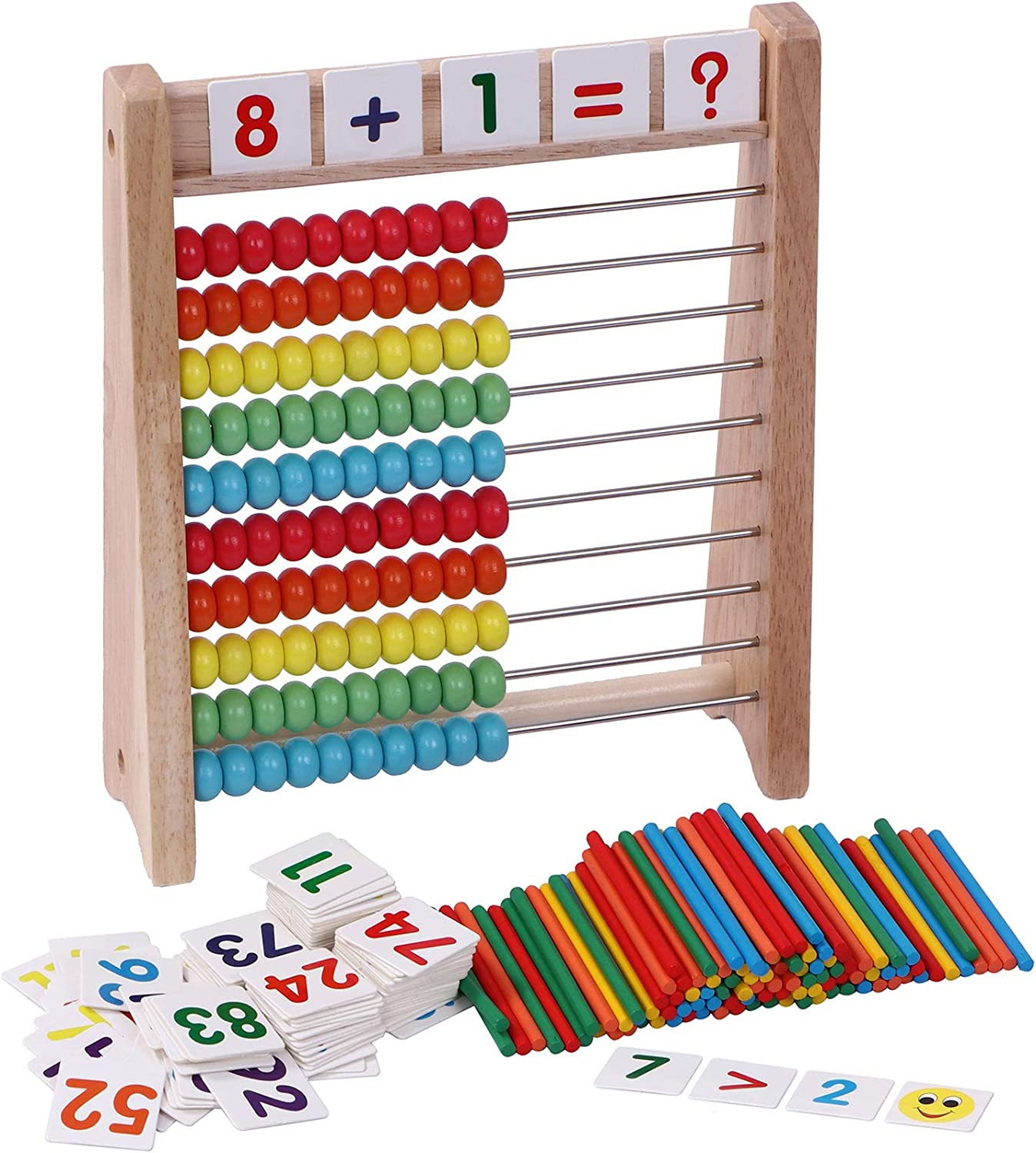 Wooden Abacus for Kids – 100 Counting Sticks and Number Toys Cards 1-100, Educat
