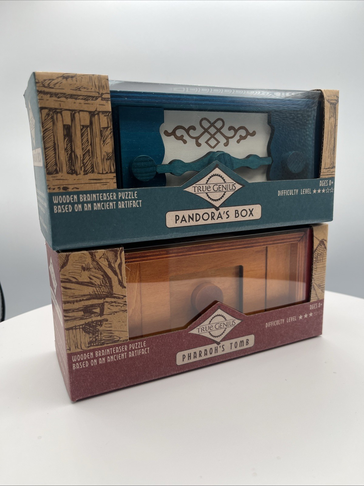 NIB! Lot Pharaoh’s Tomb & Pandoras Box True Genius Wooden Brainteaser Puzzles