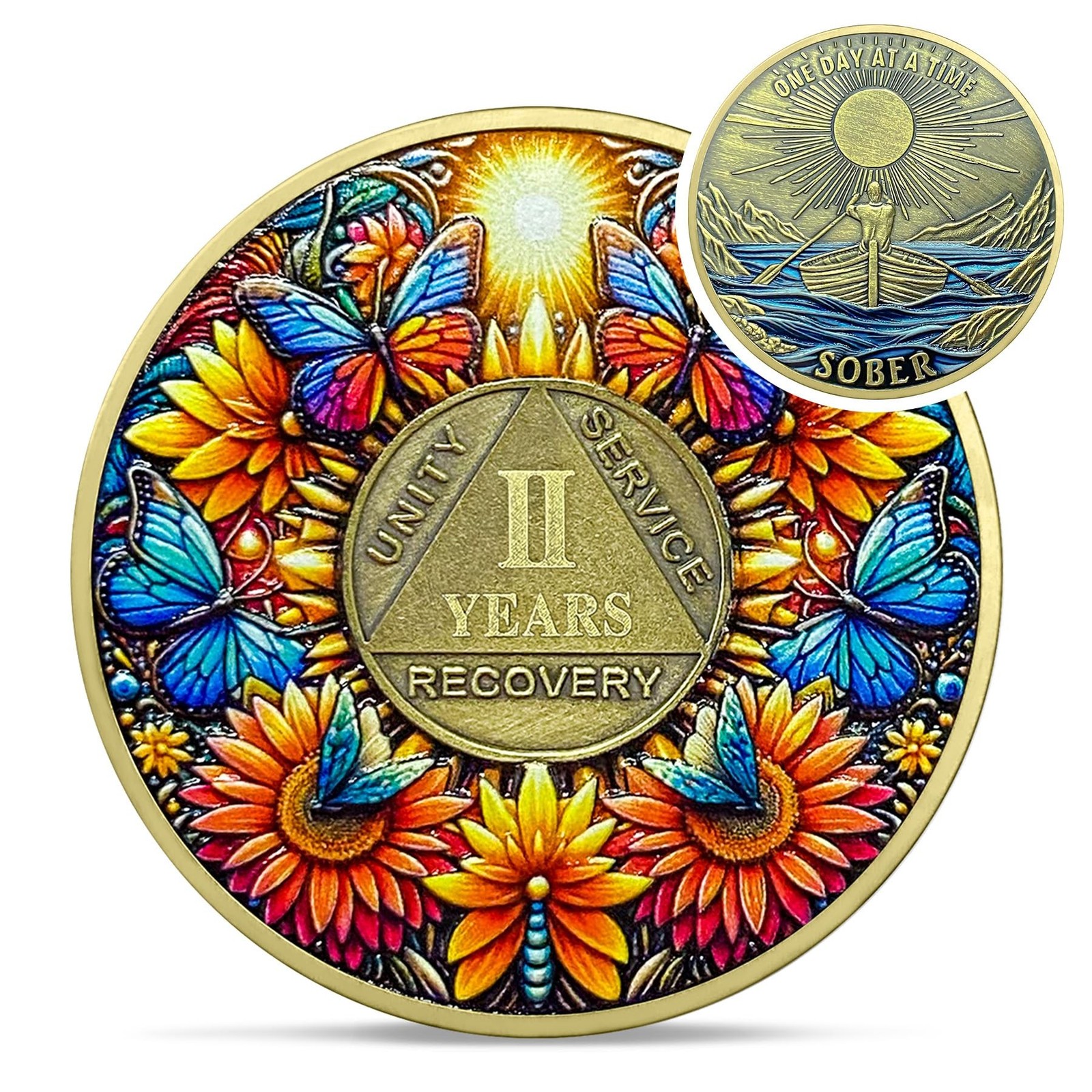 Delicate Sunflower 2 Year Sobriety Coin – Two Year Recovery Butterfly AA Coin…