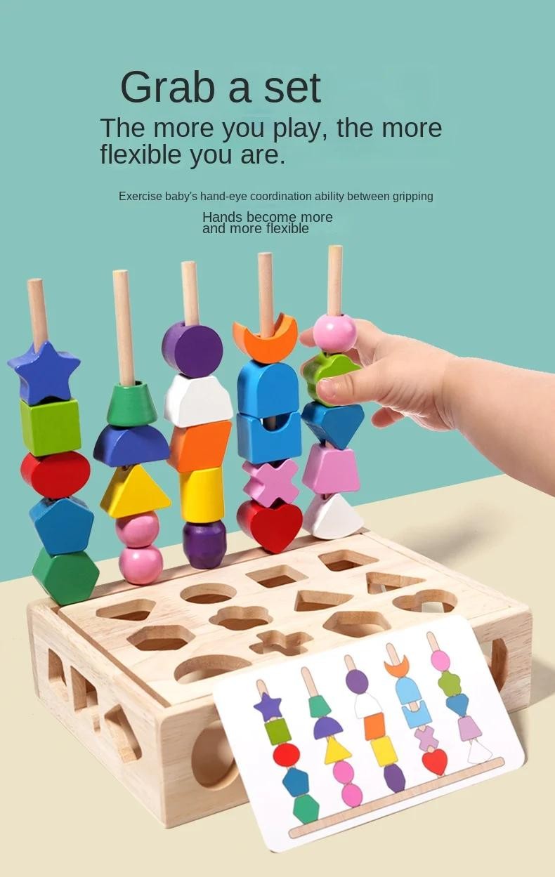 Montessori Wooden Sorting Blocks Color Shape Matching Educational Kids Early Toy