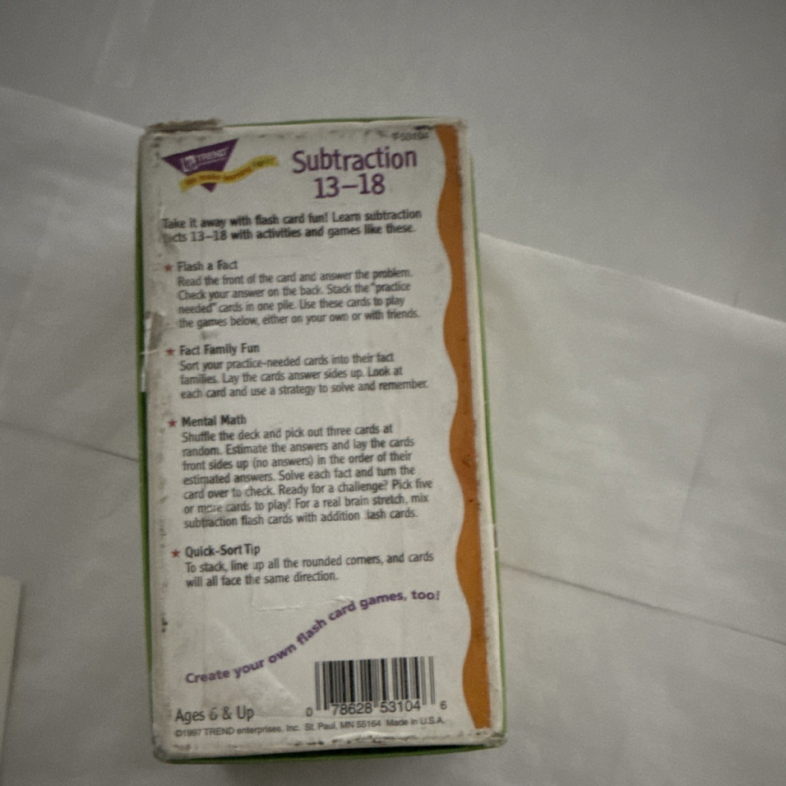 Subtraction 13-18 Flash Cards Ages 6 & Up Ages 8-11 Years 1997