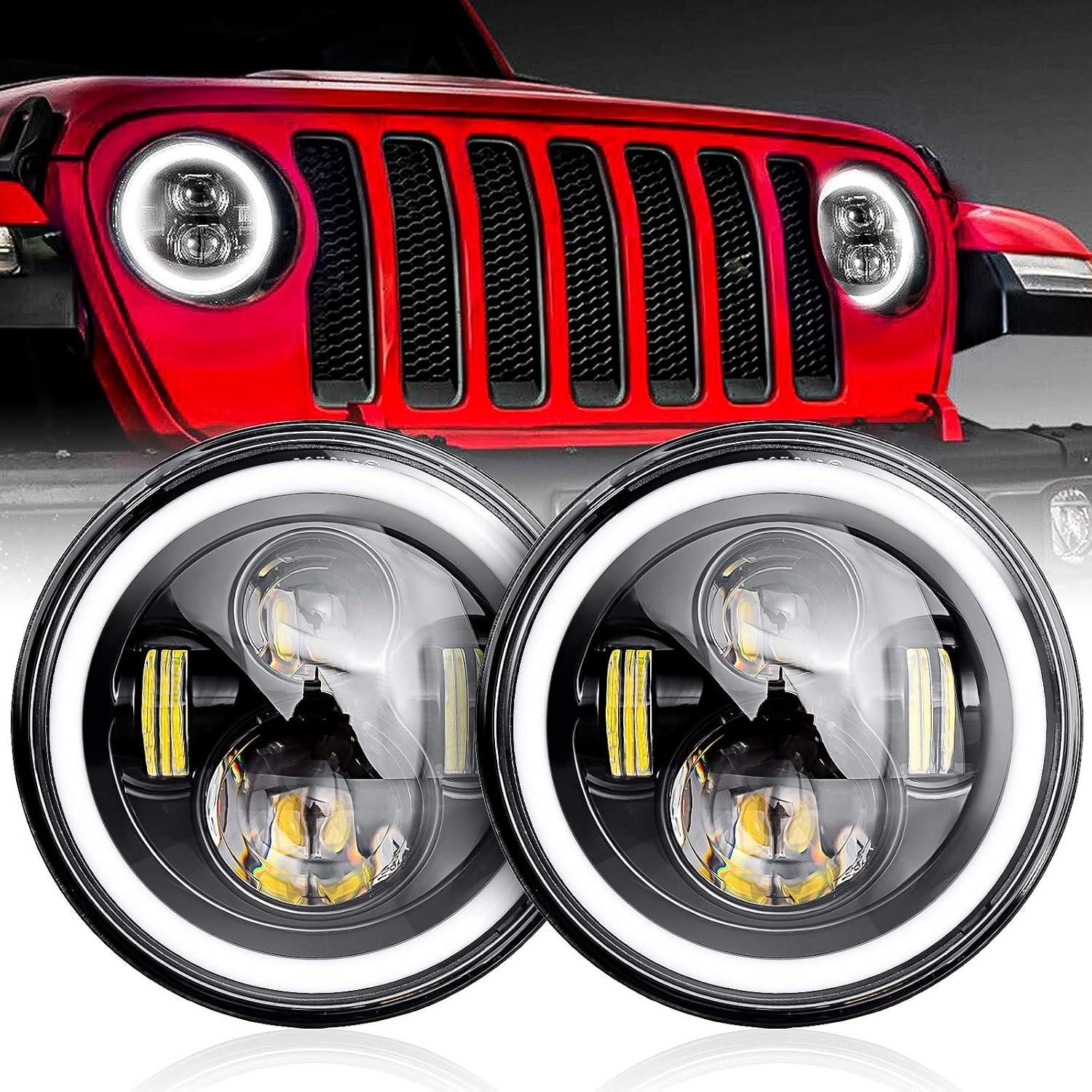 7 Inch Round Halo Angel Eyes Headlights H6024 Amber Turn Signal Assembly