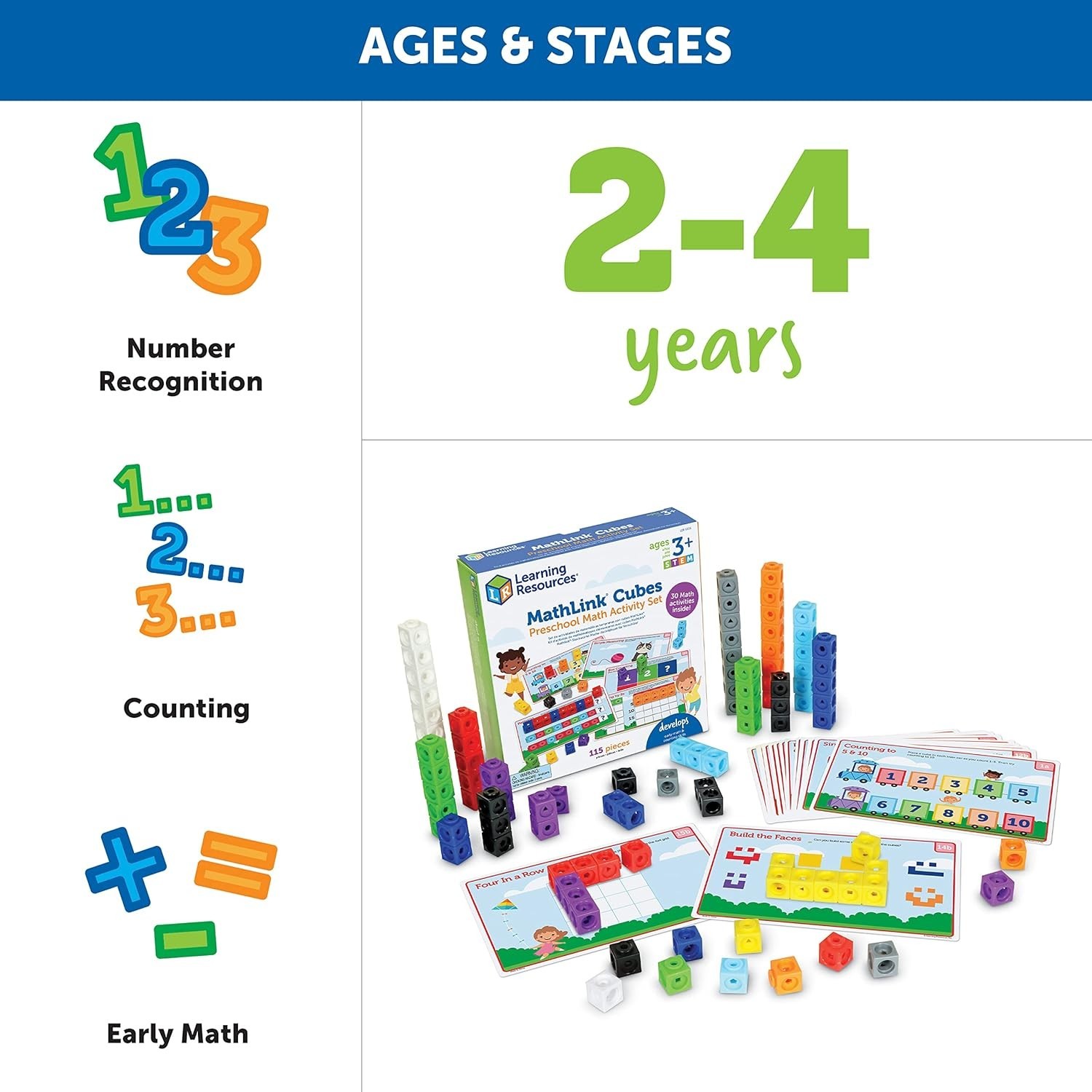 Preschool Math Activity Set with 100 Colorful Cubes and 15 Double-Sided Cards