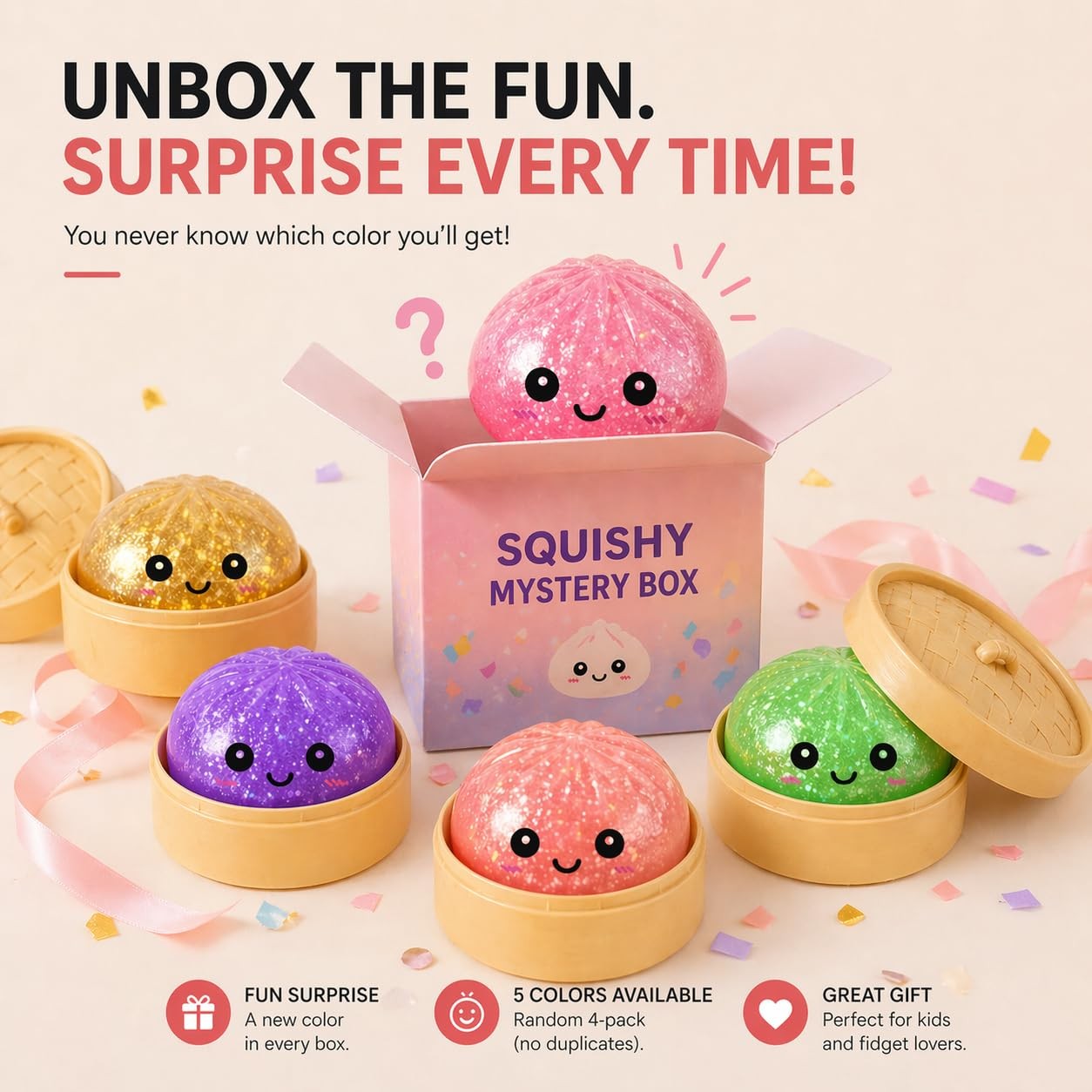 Ymltp Glitter Dumpling Squishy Mystery 4 Squishies Per From 5 Shiny 100 Rare