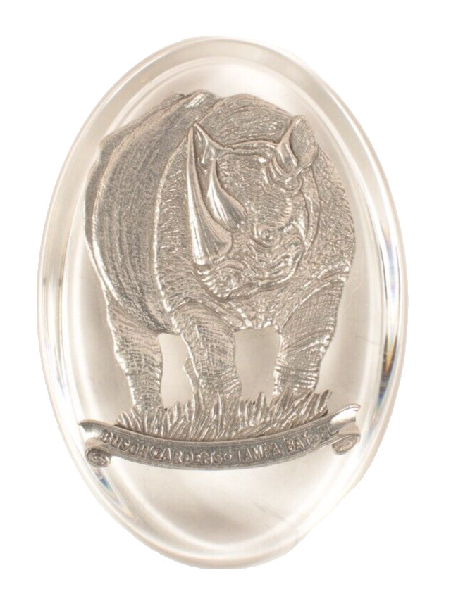 Busch Gardens Tampa Paperweight with Pewter Rhino Quality Piece 4 X 2.5 Inches
