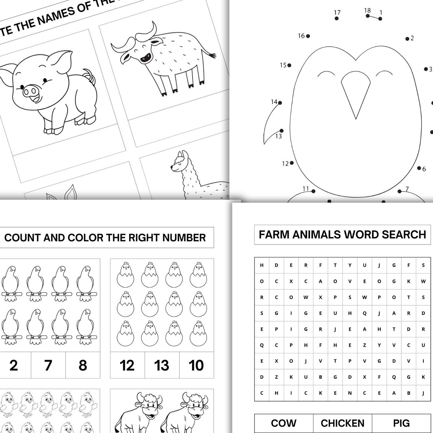 Farm Animals Activity & Coloring Book for Kids-Educational Printable Worksheets