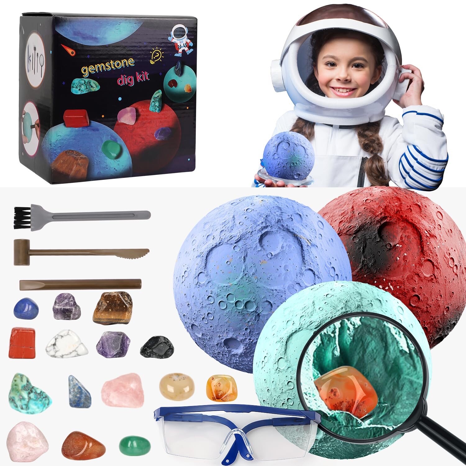 Gemstone Dig Kit, Solar System Space Toys, Find 15 Real Gemstones+crystals