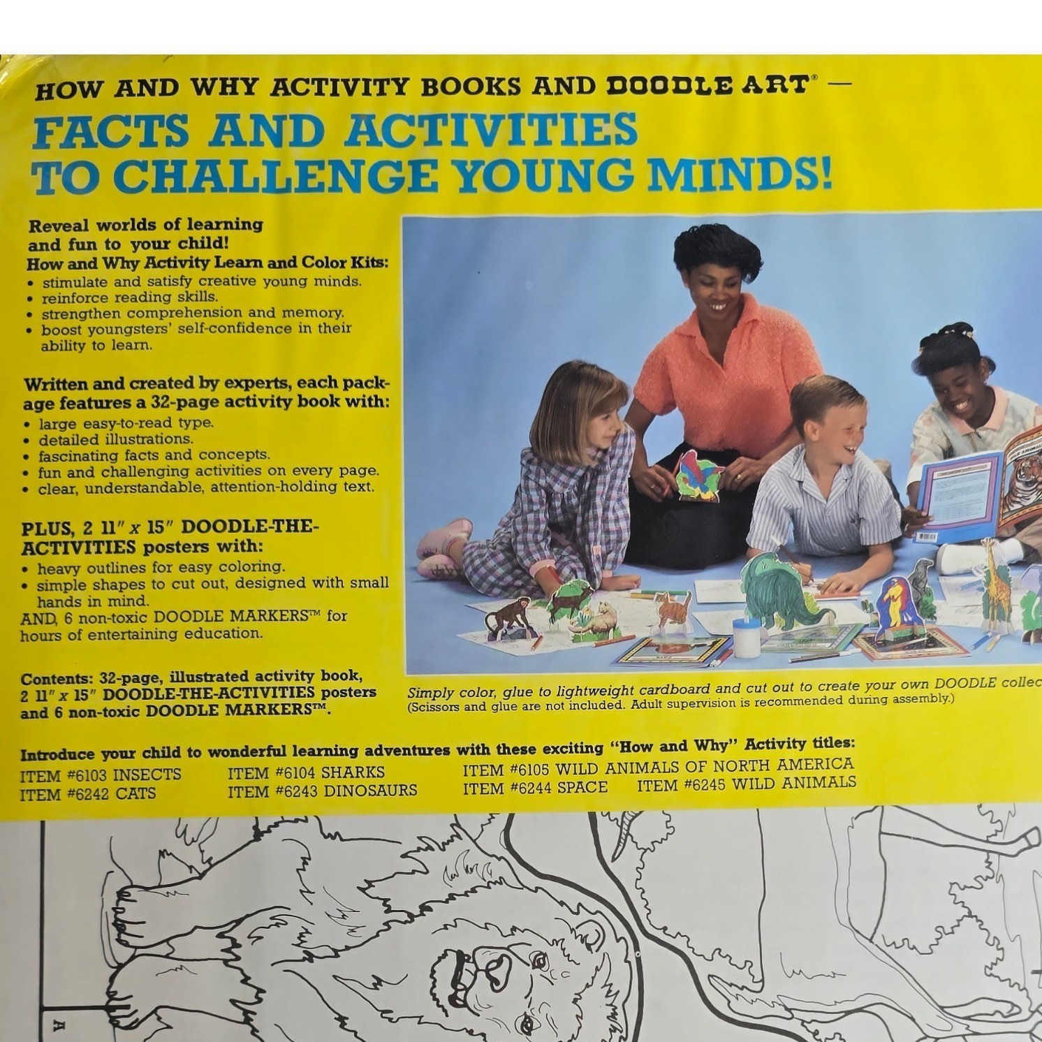 VTG 1987 Doodle Art Poster Wild Animals Activity Kit Book Markers Learn Color
