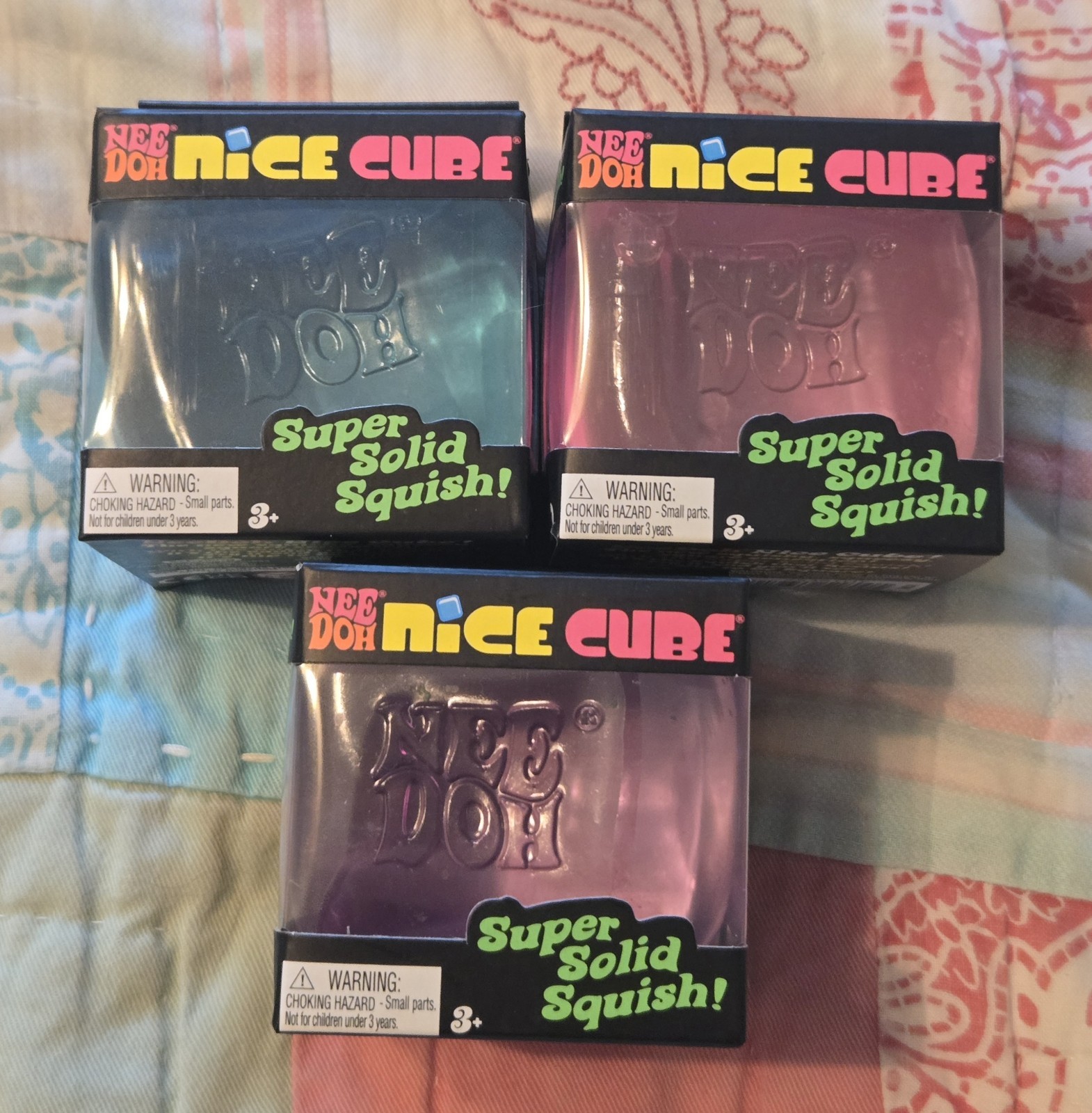 Authentic Nee Doh Nice Cube – Super Solid Squish! Lot of 3 Blue, Pink, Purple