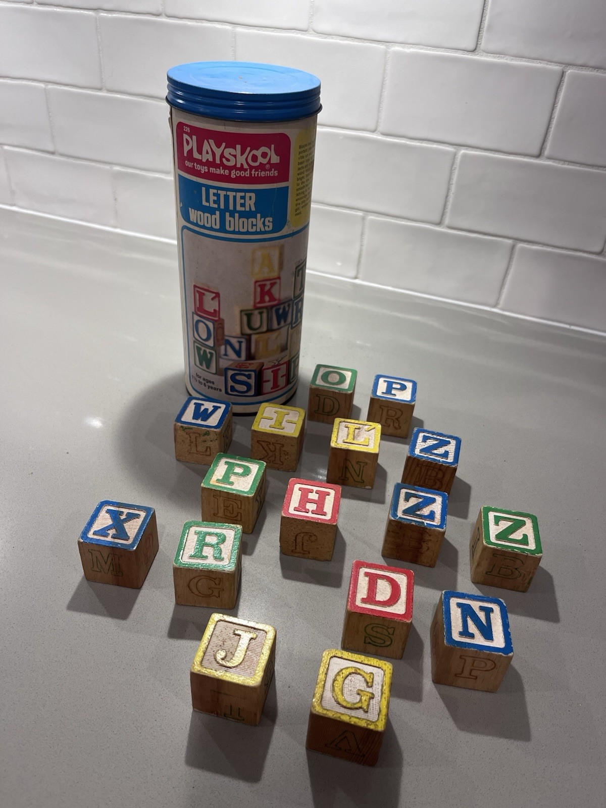 Playskool Letter Wood Blocks Set in Original Canister Blue Lid MPN 226