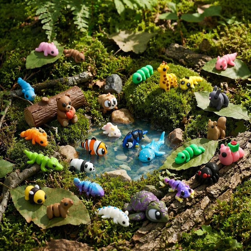 50 Pcs Mini 3D Printed Animal Set, Articulated Flexible Cute Animal Surprise 3D