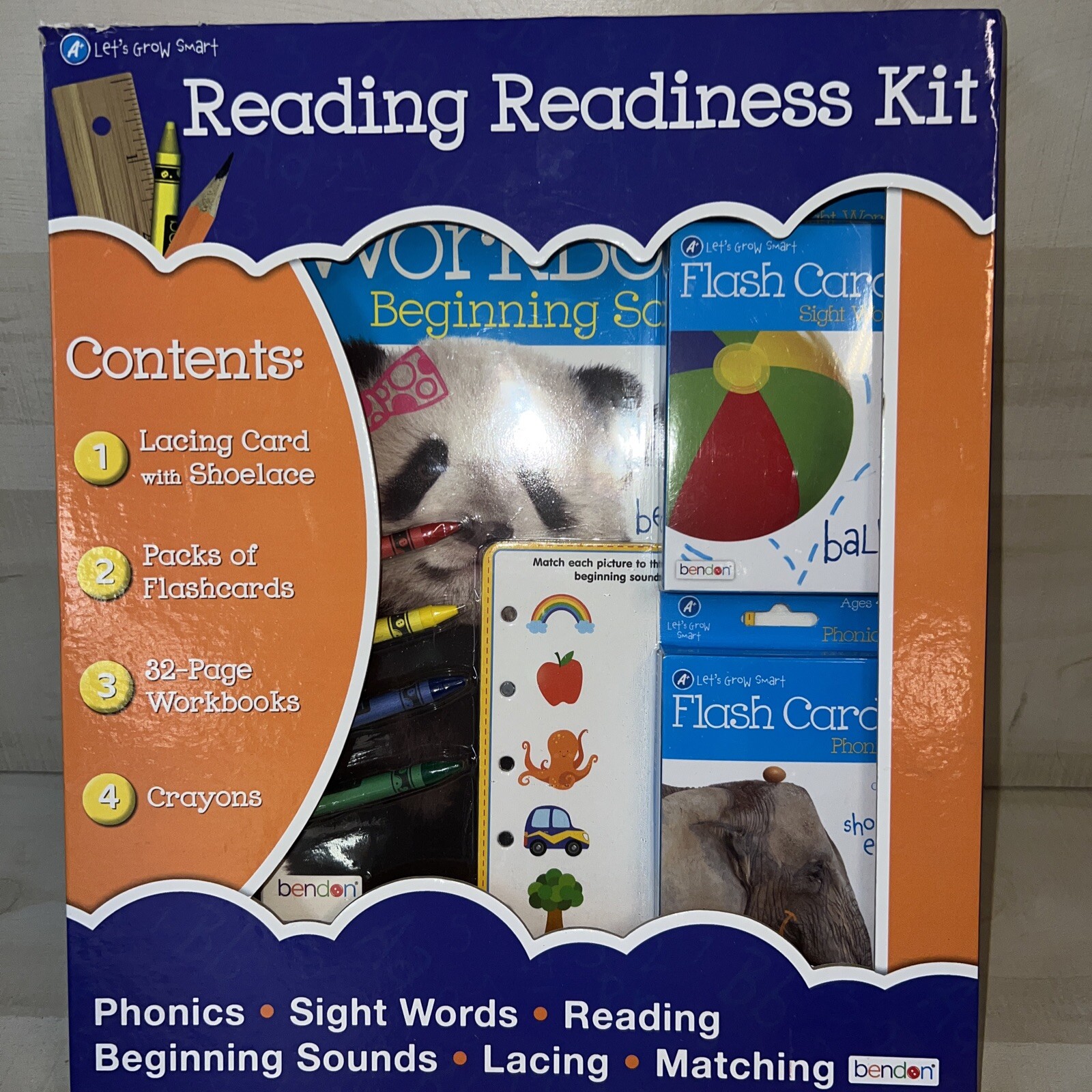 Reading Readiness Kit Bendon 3 Workbooks, Crayons, Flash Cards Lacing Card, NIB