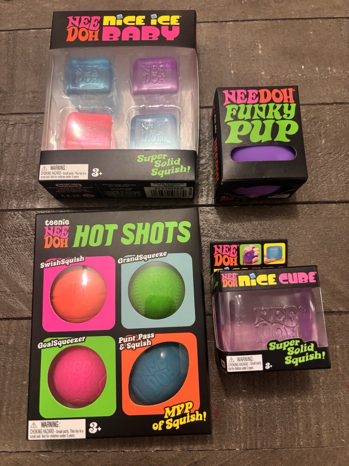 Authentic NeeDoh Lot of 4 Nice Cube Hot Shots Funky Pup Nice Ice Baby NEW