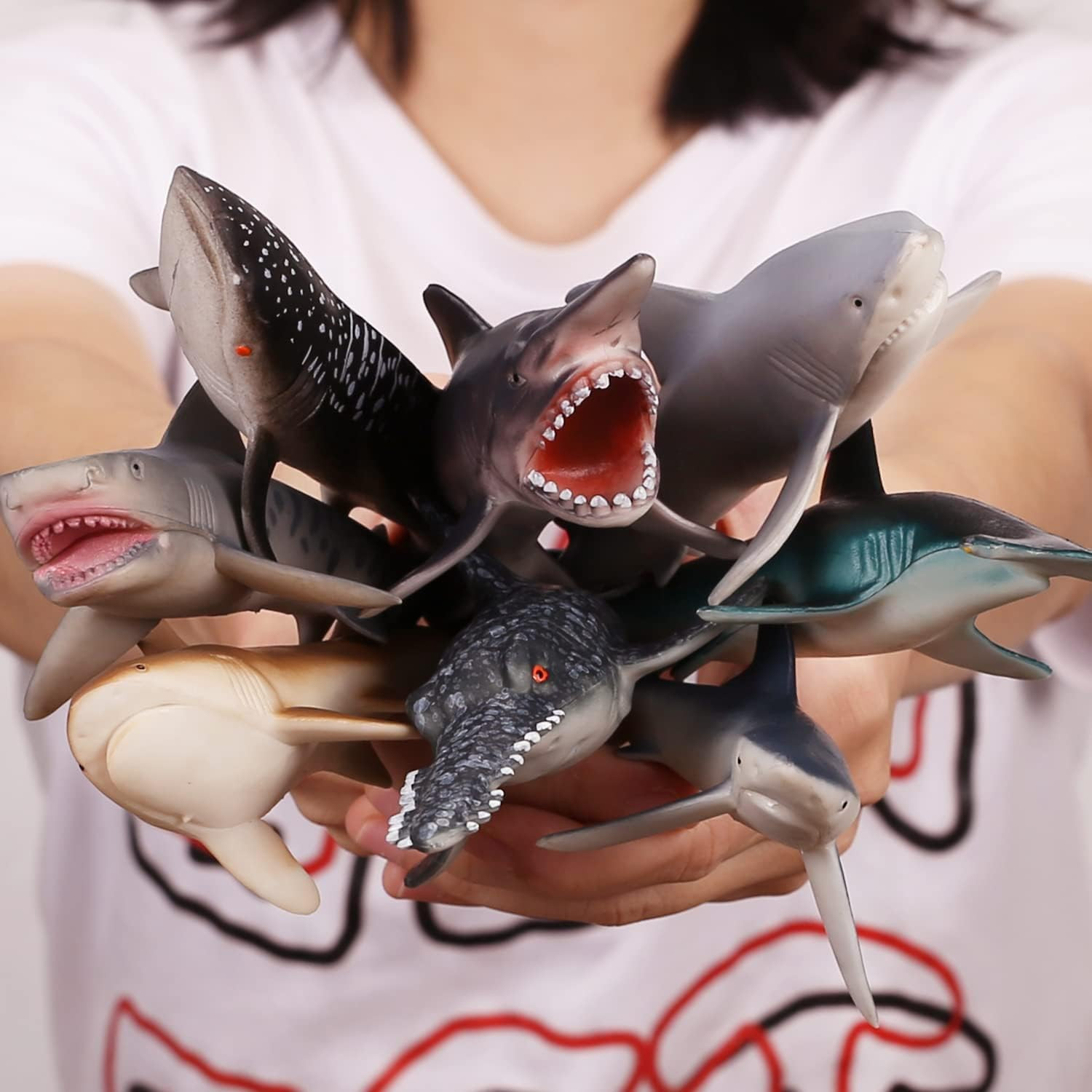 8 Pack Shark Toys with Educational Booklet, Soft Plastic Realistic Shark Figure