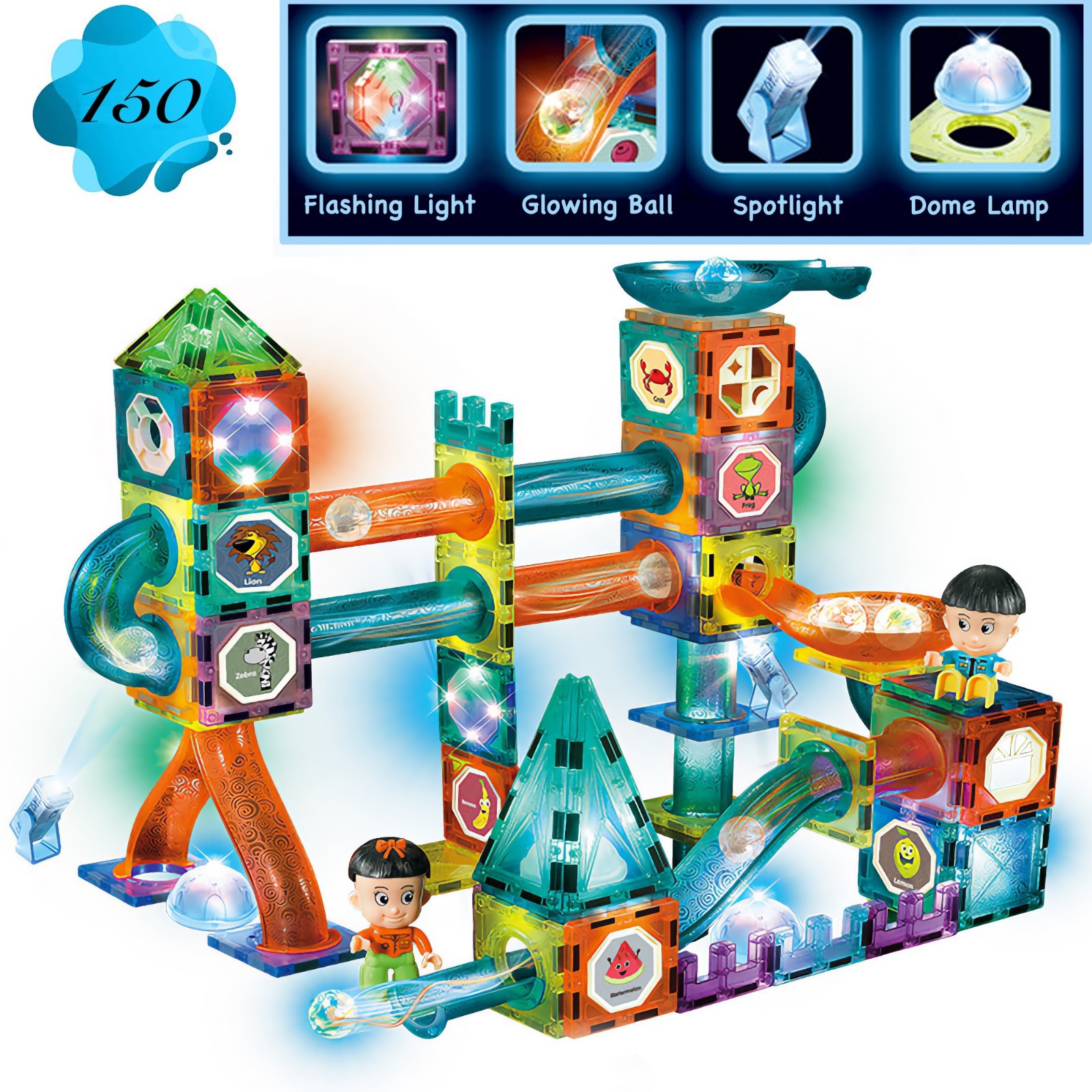 Glowing Magnetic Marble Run Glow in The Dark 150 Magnetic Tiles Building Blocks