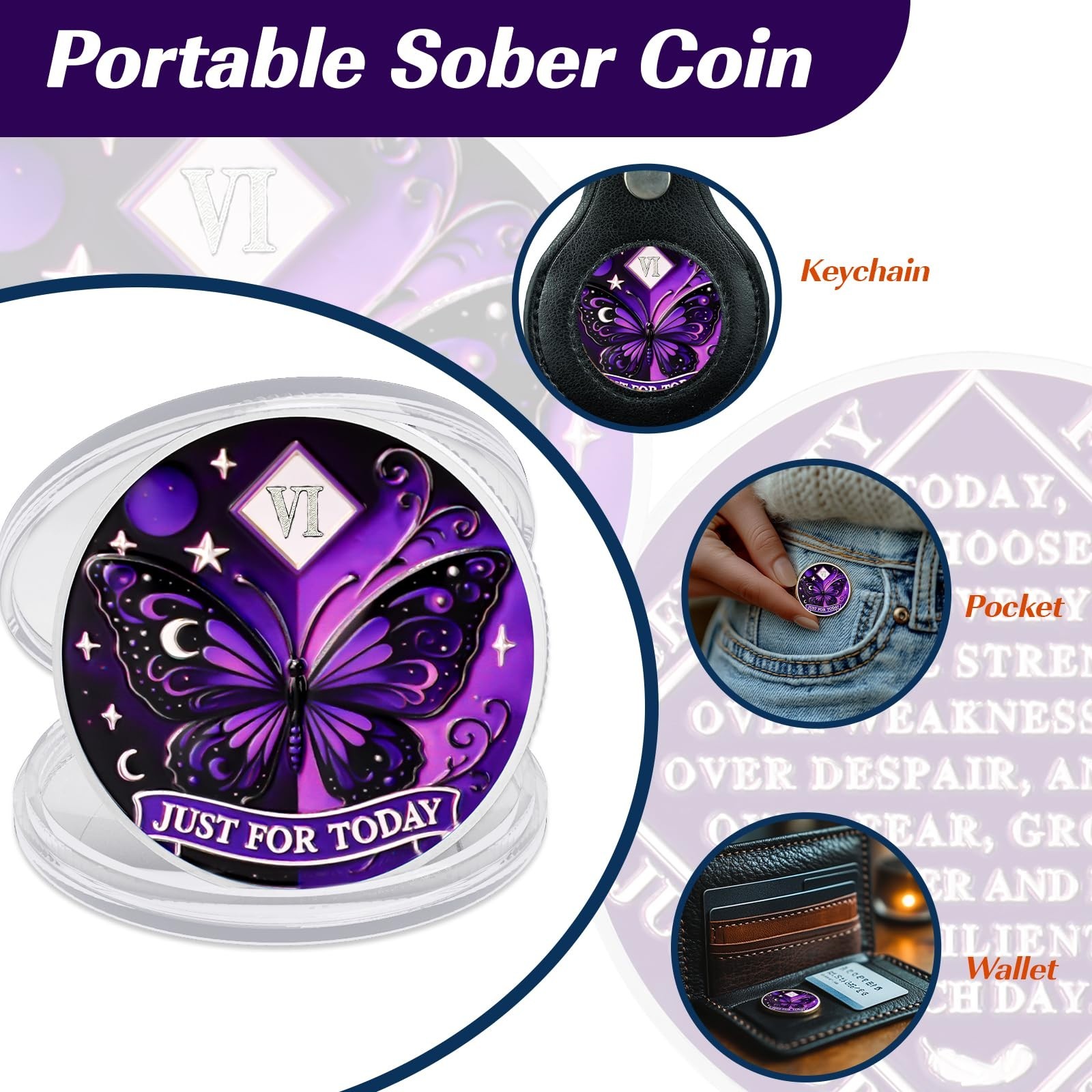 Moonlit Butterfly of Hope 6 Year Sobriety Coin, Affirmation AA Chips, Addicti…