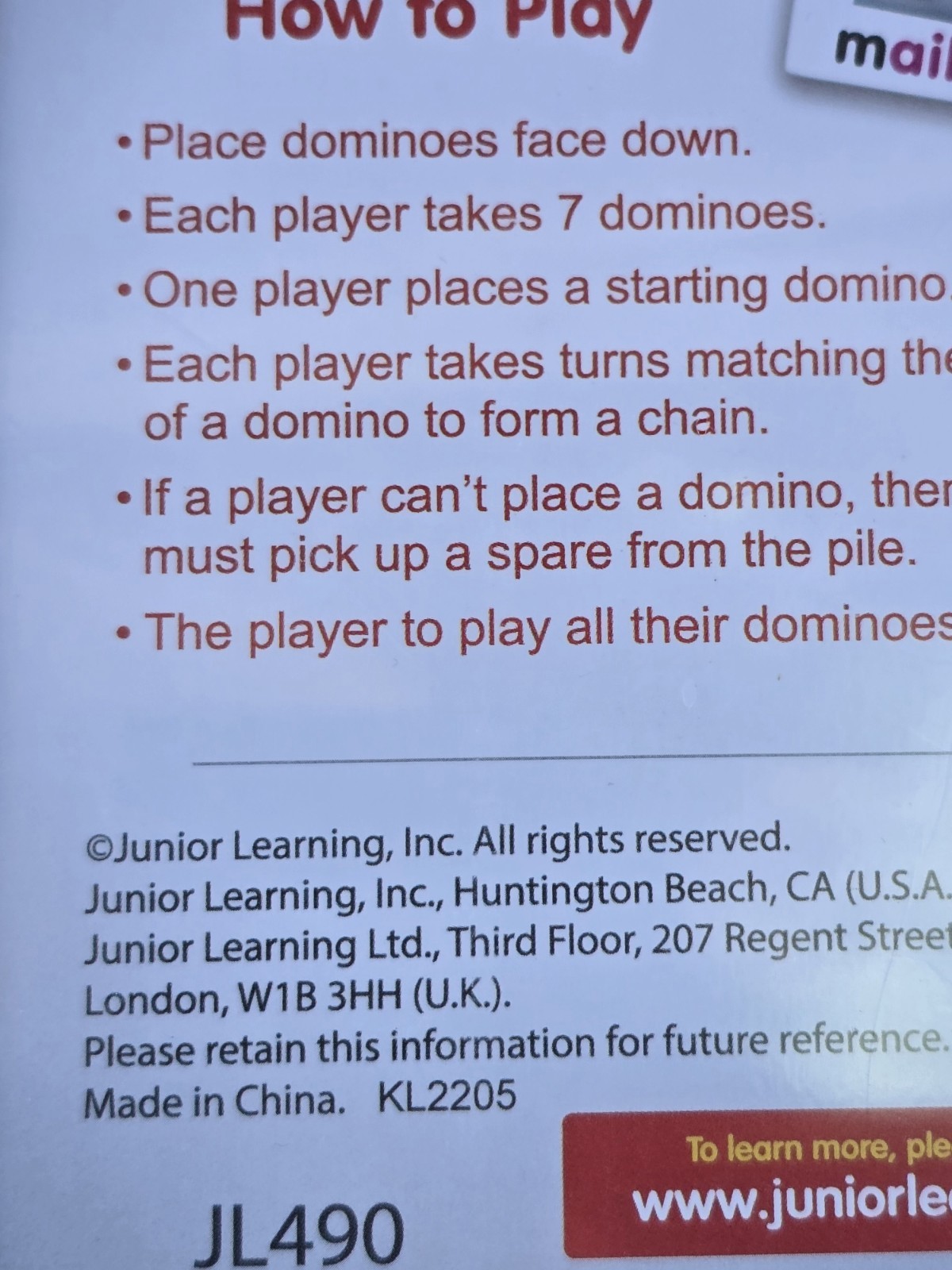 Junior Learning Dominoes Game Rhyming Words Ages 4+ Match & Learn