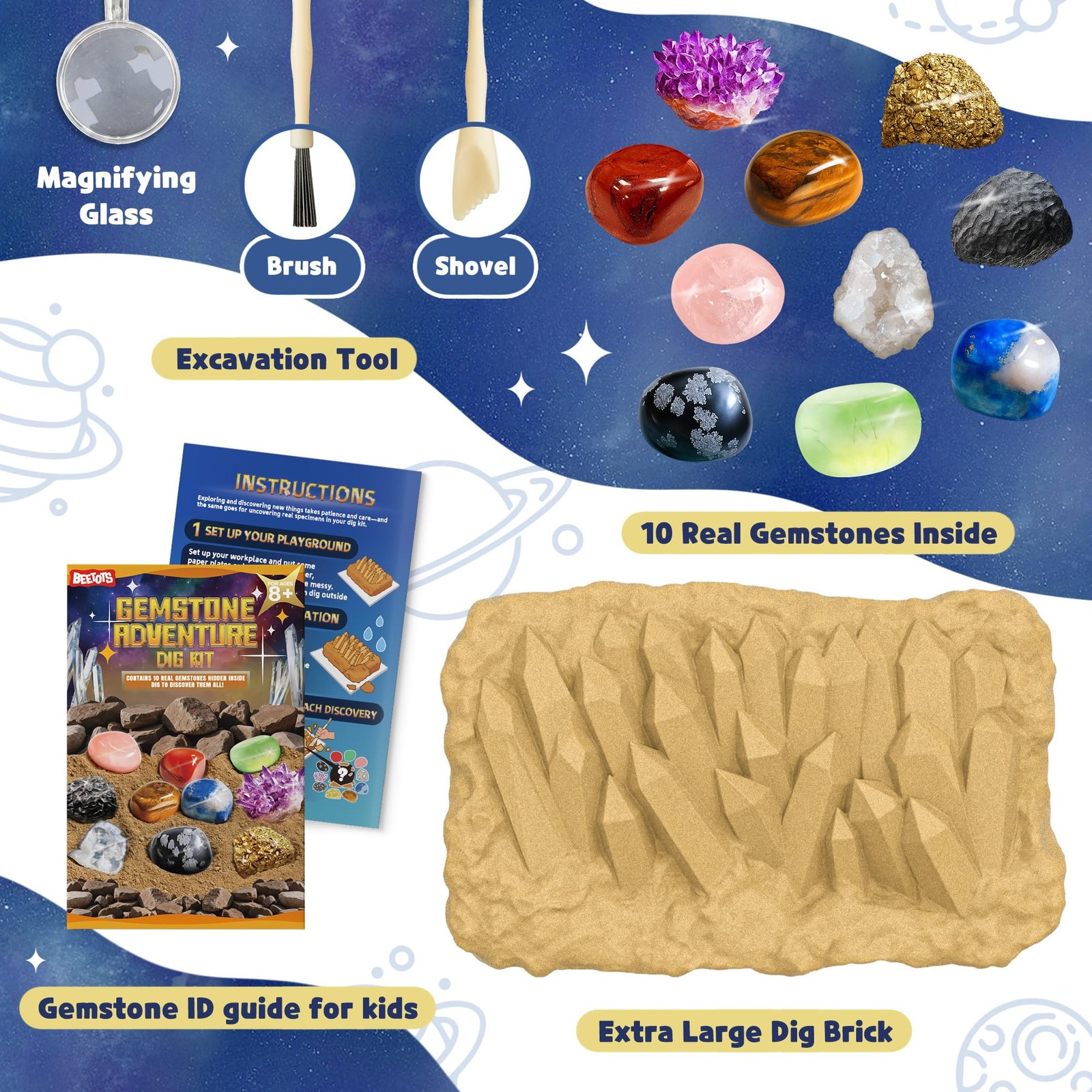 Gemstone Dig Kit for Kids with 2 Tools, Excavate 10 Real Gems, STEM Science M…