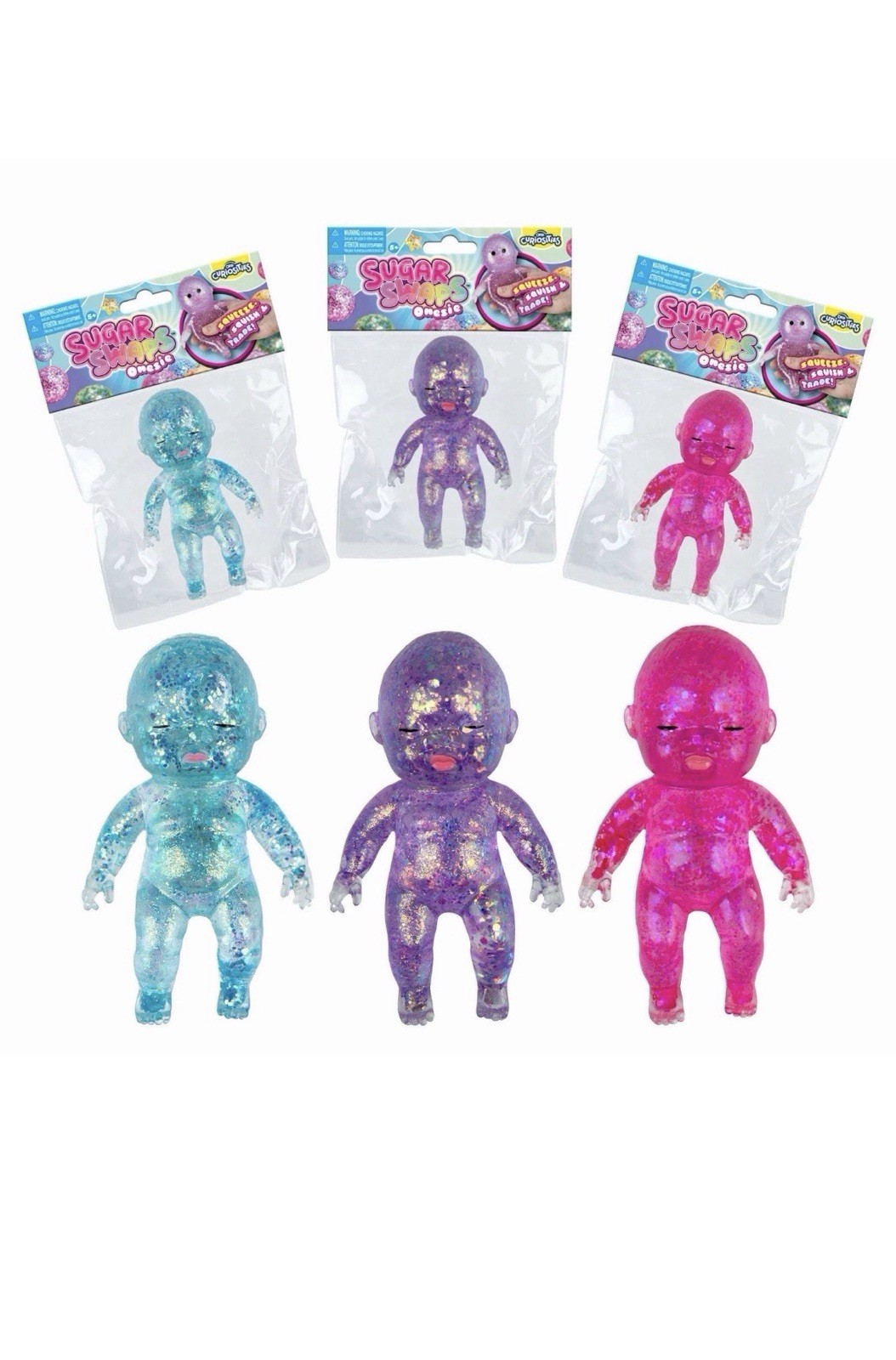 Sugar Swaps Baby Squishy Glitter Squeeze Toy 5” Purple, Pink & Blue Lot Of 3 New