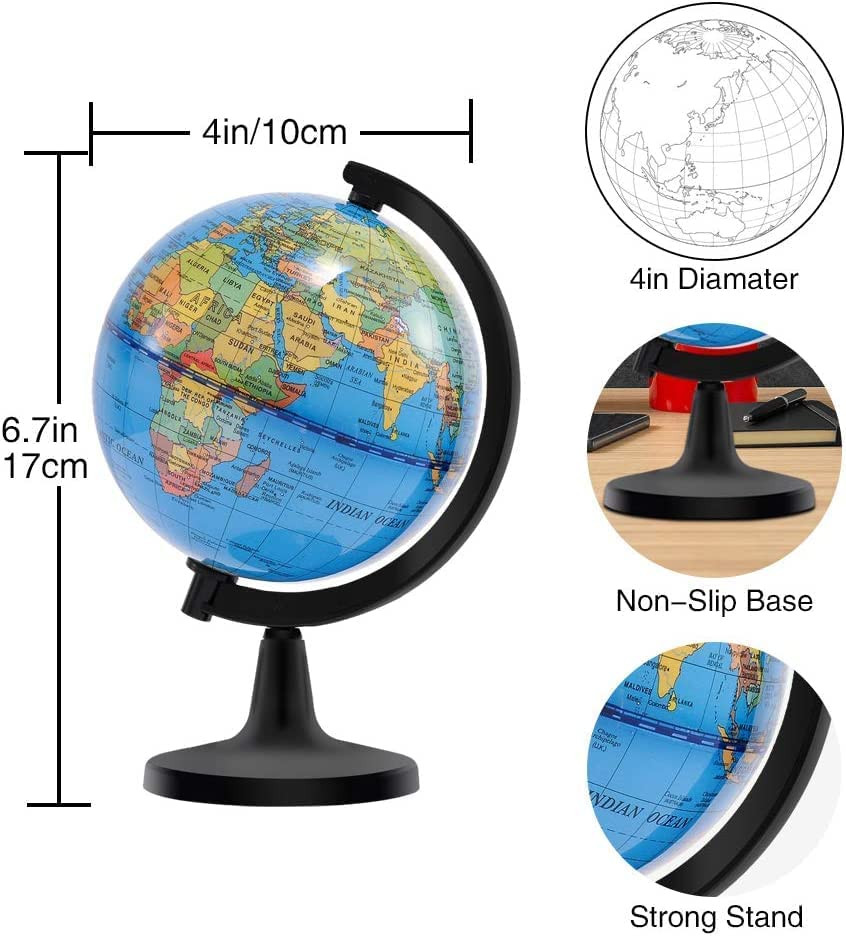 4” World Globe for Kids Learning, Educational Rotating World Map Globes Mini Si
