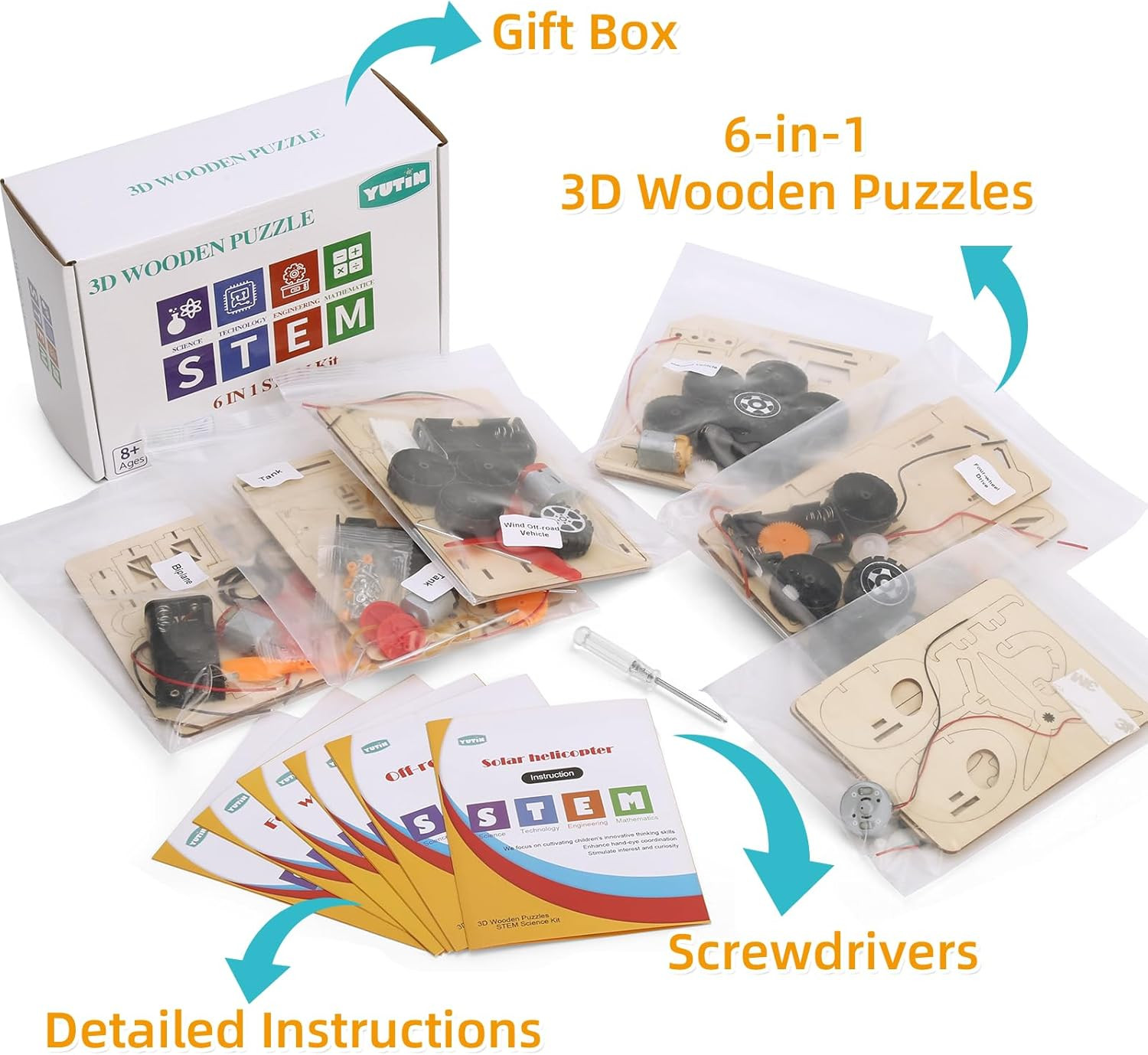 Yutin STEM Kits for Kids Age 8-10 10-12, 6 Set Wood Building Projects Crafts Sci