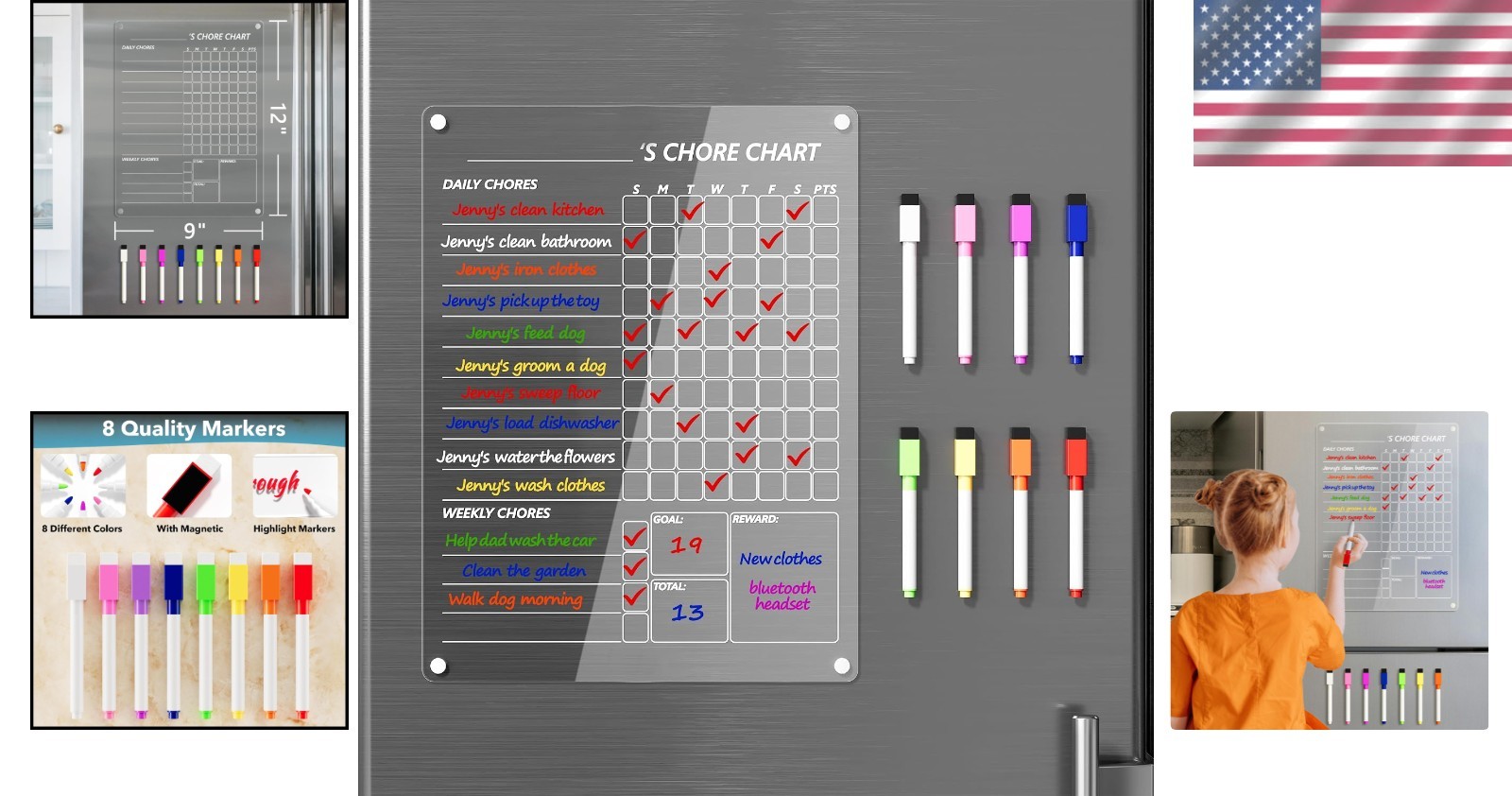 Acrylic Fridge Chore Chart w/ 8 Color Markers – 12″x9″ Easy Erasing Board