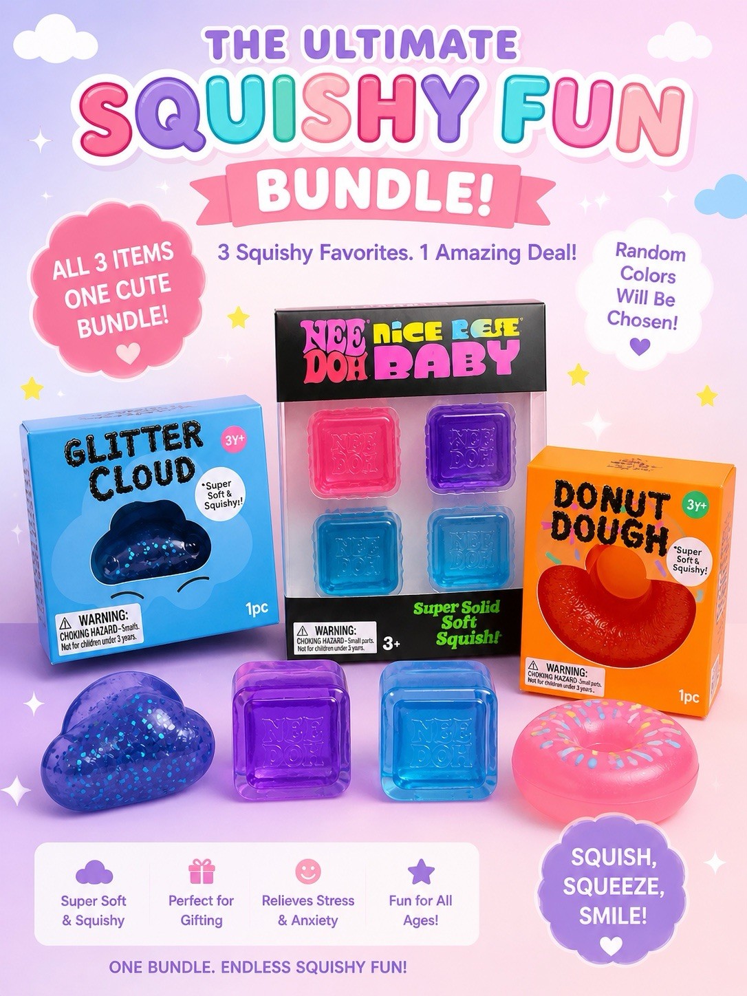 NeeDoh Nice Ice Baby With Squishy Bundle Set Cloud & Donut-Random Color