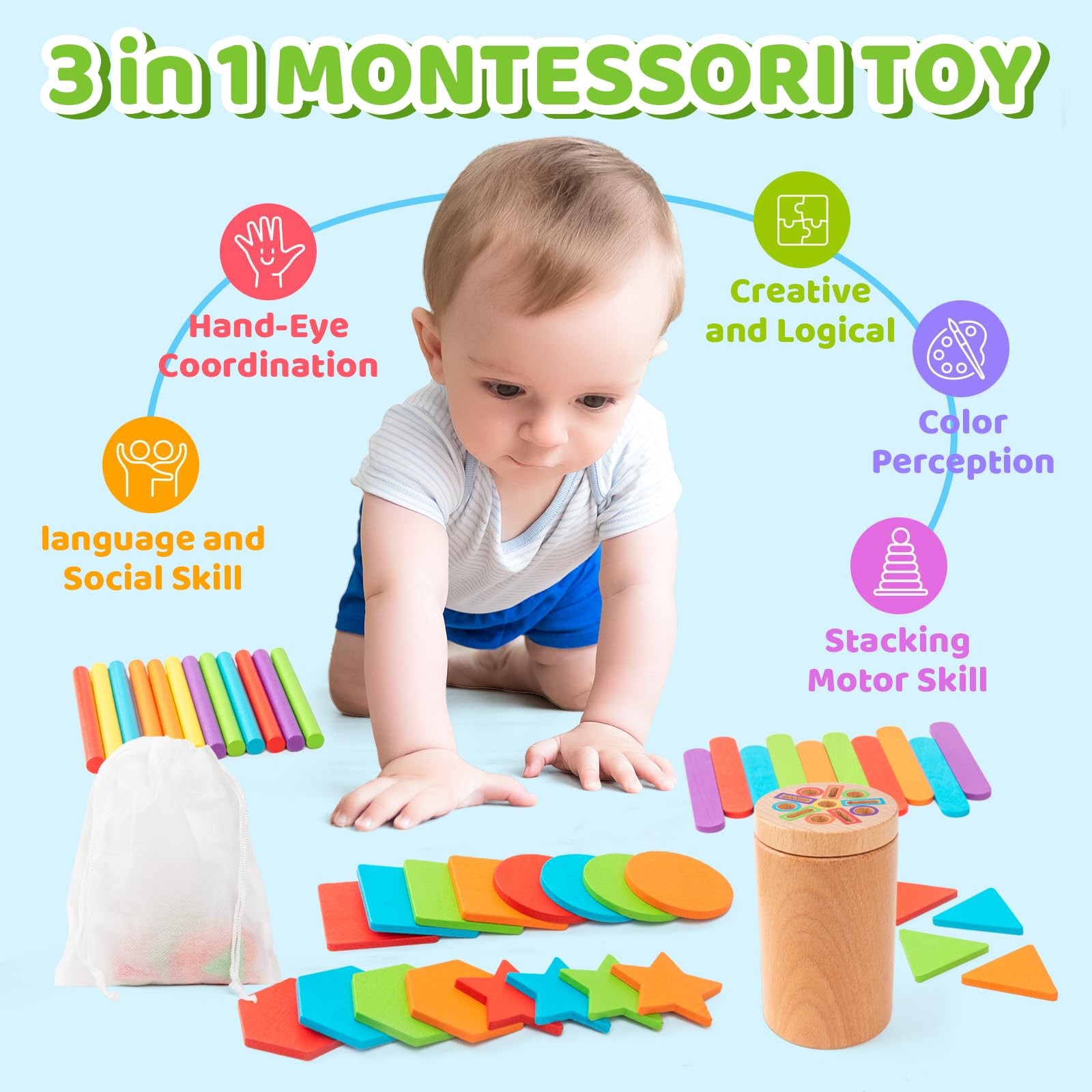 Montessori Wooden Toddler Toys， 3-in-1 Fine Motor Skills Small, Multicolor