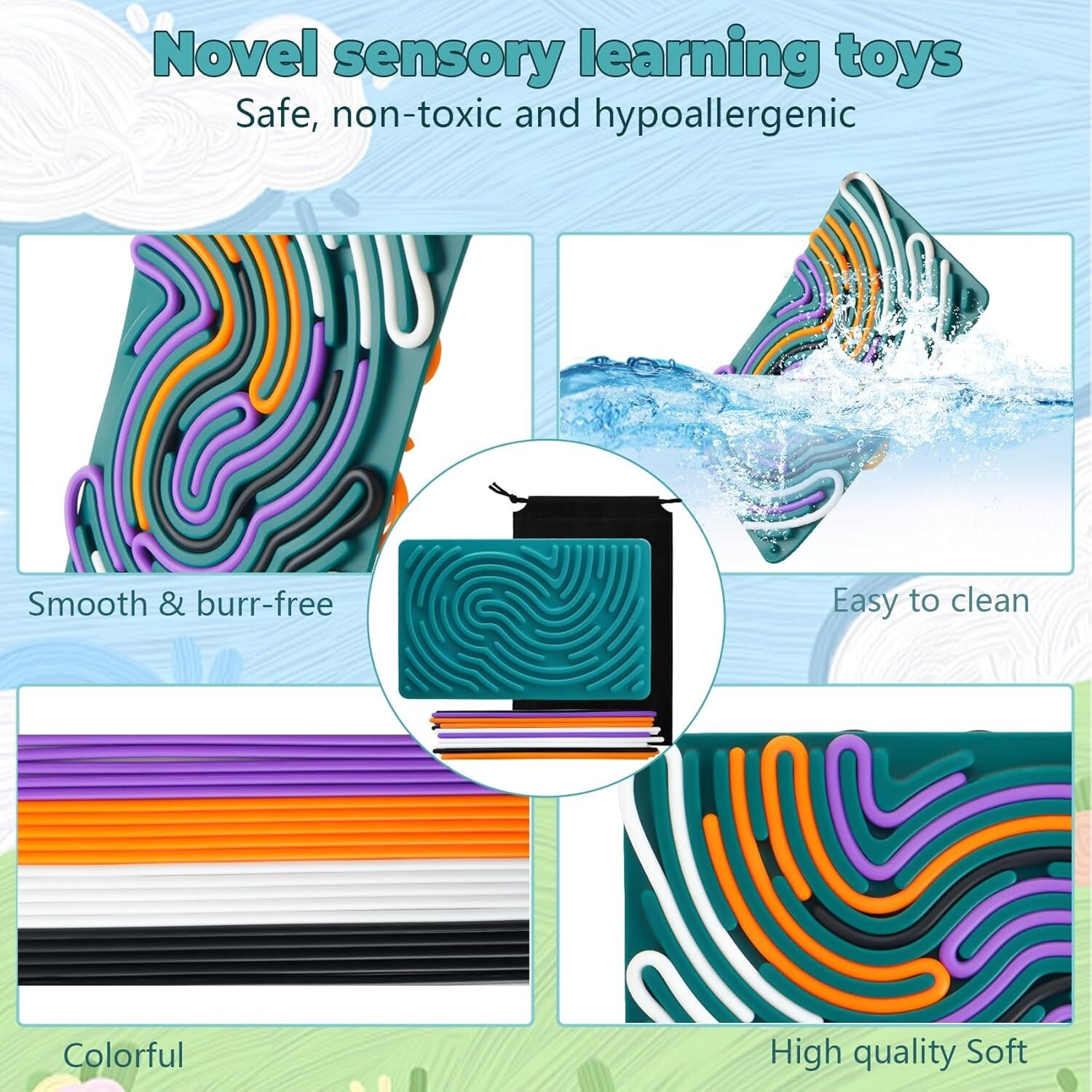 Kids Sensory Maze Toy Dual-Sided Silicone Pad with Colorful Rods Stress Relief