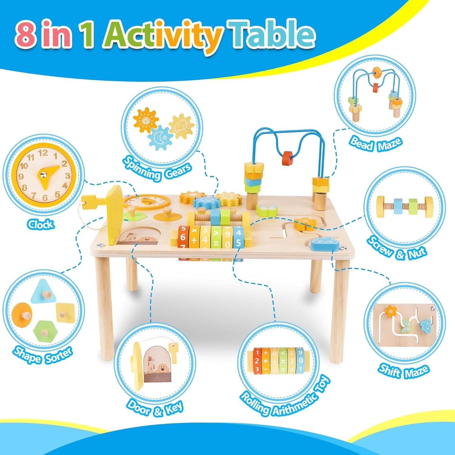 Activity Table for 1 2 Year Old, 8 in 1 Wooden Montessori Activity Center Toys