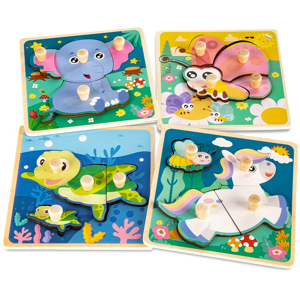 4 x Wooden Puzzles for Toddlers, Wooden Animal Shape Learning Educational Puzzle