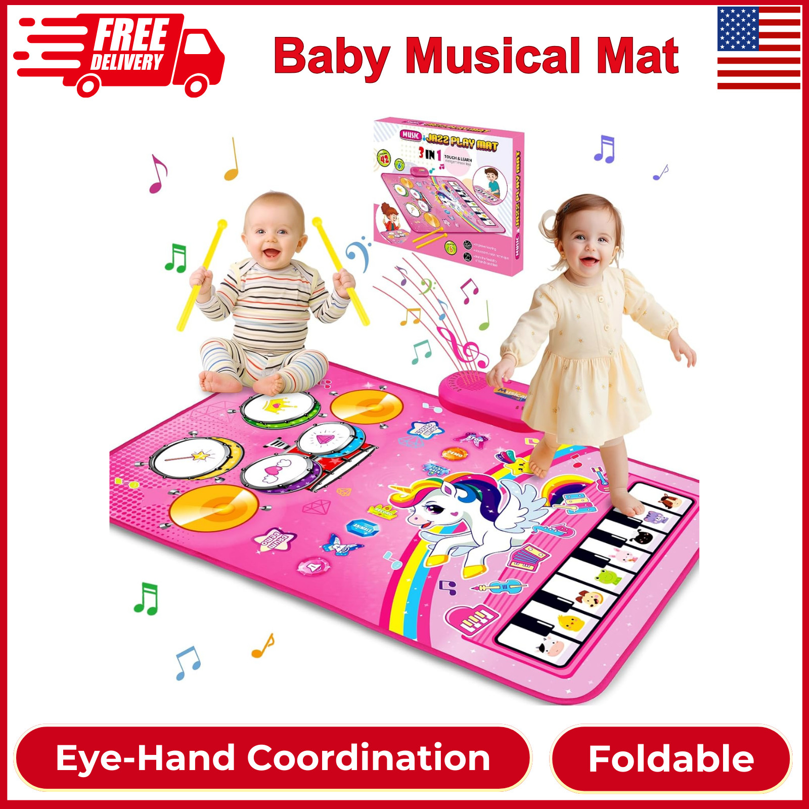 Toys For 1 Year Old Girl Gifts: Baby Musical Mat Toddler Toys, 3 in 1 Piano Drum