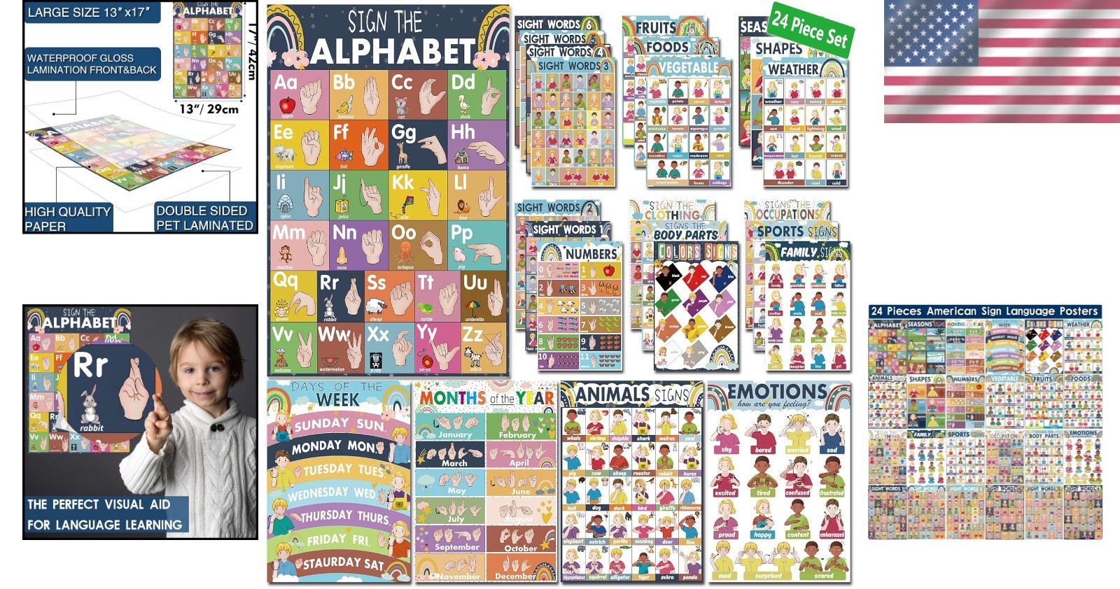 24 ASL Posters for Kids – Alphabet, Numbers, Colors, Seasons