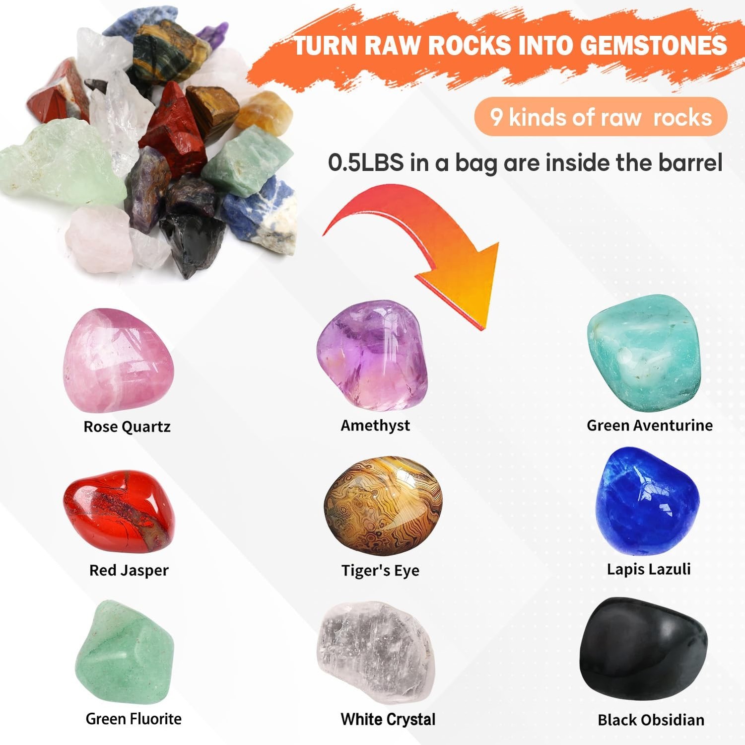 Rock Tumbler Kit Includes Rough Gemstones, 4 Polishing Grits, Jewelry Fasteni…