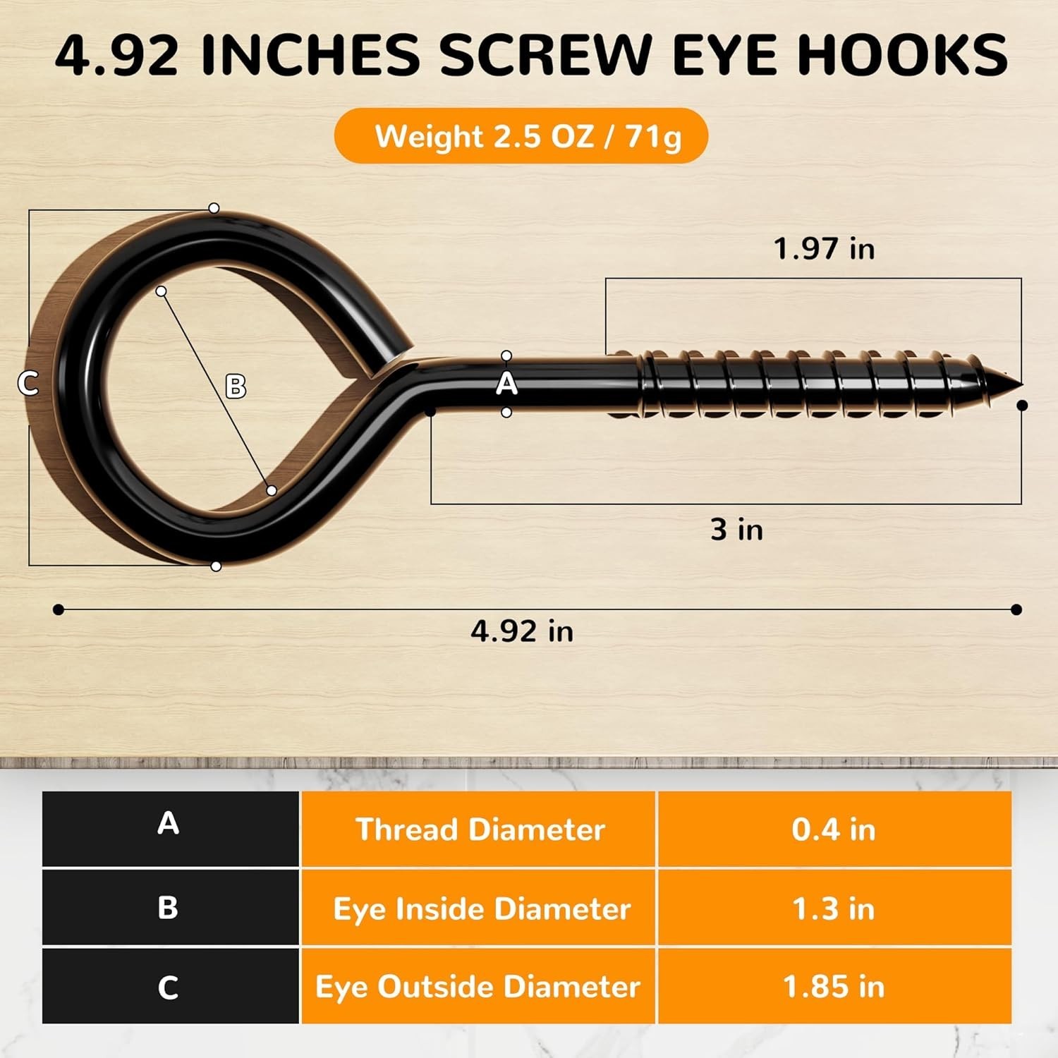 4 Pack 5 Inch Stainless Steel Eye Bolts Screw in Hooks, Heavy Duty Black Large
