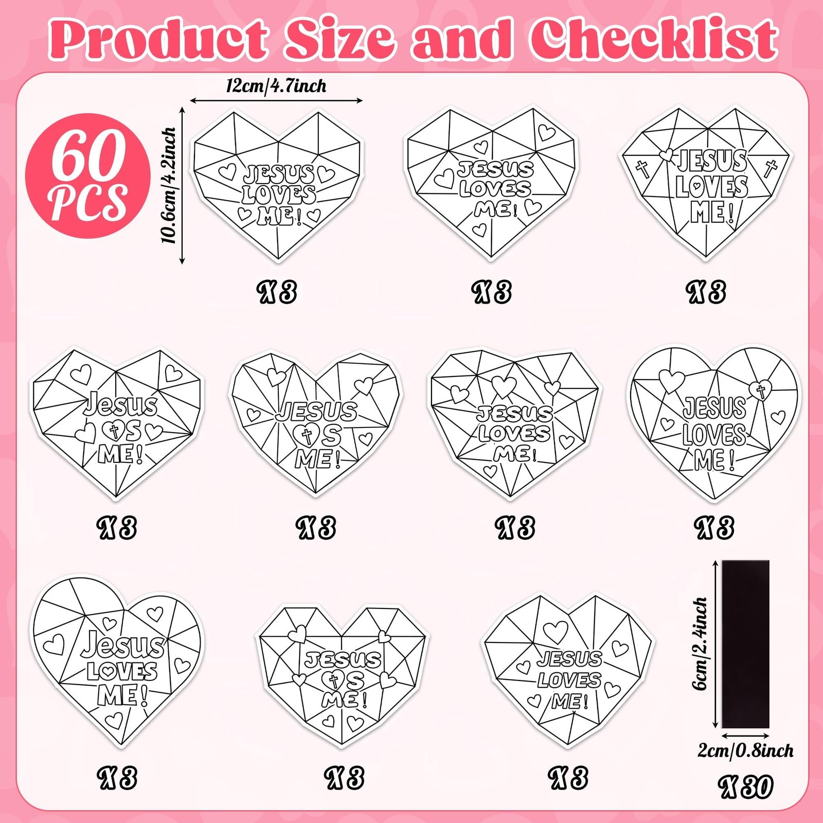 JAPBOR Valentines Christian Coloring 4.8 x 4.3 inches, Red, Pink, Yellow