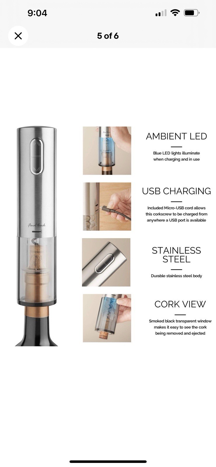 Final Touch Electric Corkscrew with Lithium-Ion Battery | Easy Cork Removal,USB