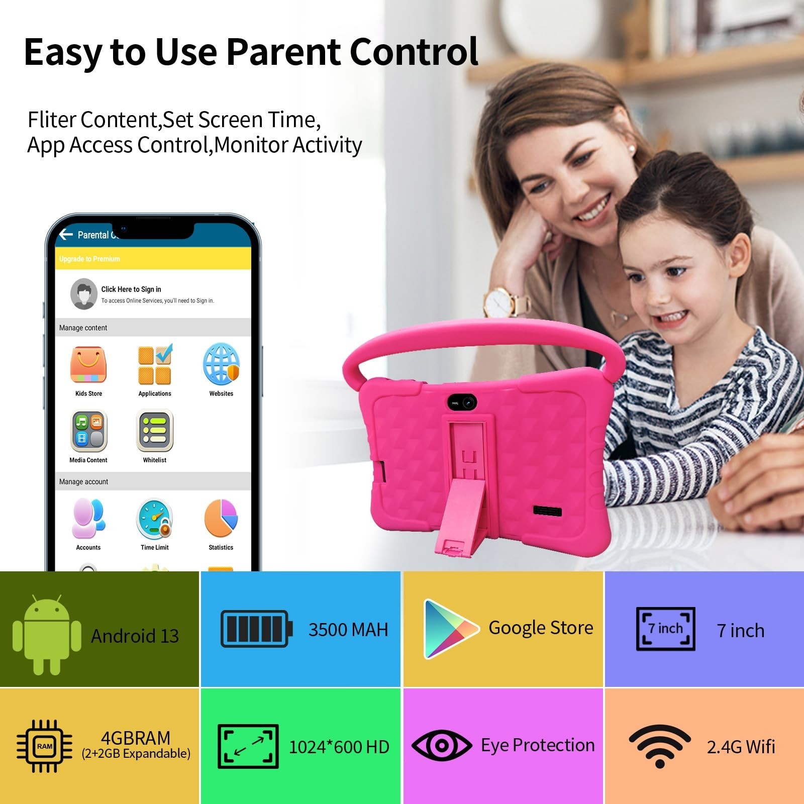 Kids Tablet Wintouch 2GB RAM 32GB ROM Android 11 Learning Education Blue Pink