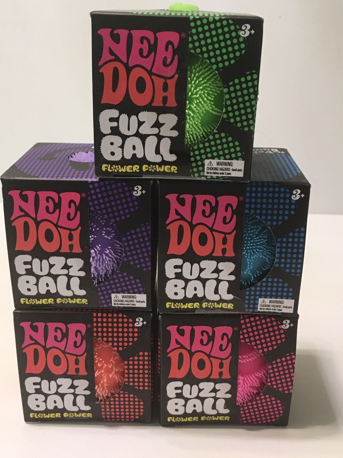 NeeDoh Fuzz Ball Flower PowerSet of 5 Green Blue Purple Pink Ornage